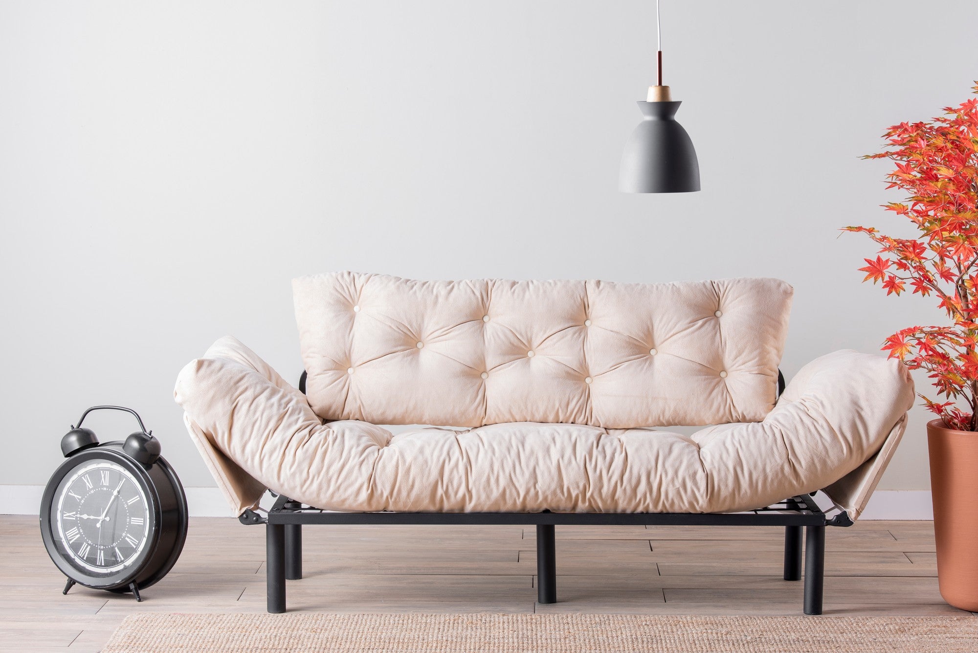 Sofá-cama moderno de 3 lugares, tecido de poliéster creme, estrutura 100% metálica, 185 cm | Braços ajustáveis em 5 níveis, capacidade para 300 kg, design elegante e funcional