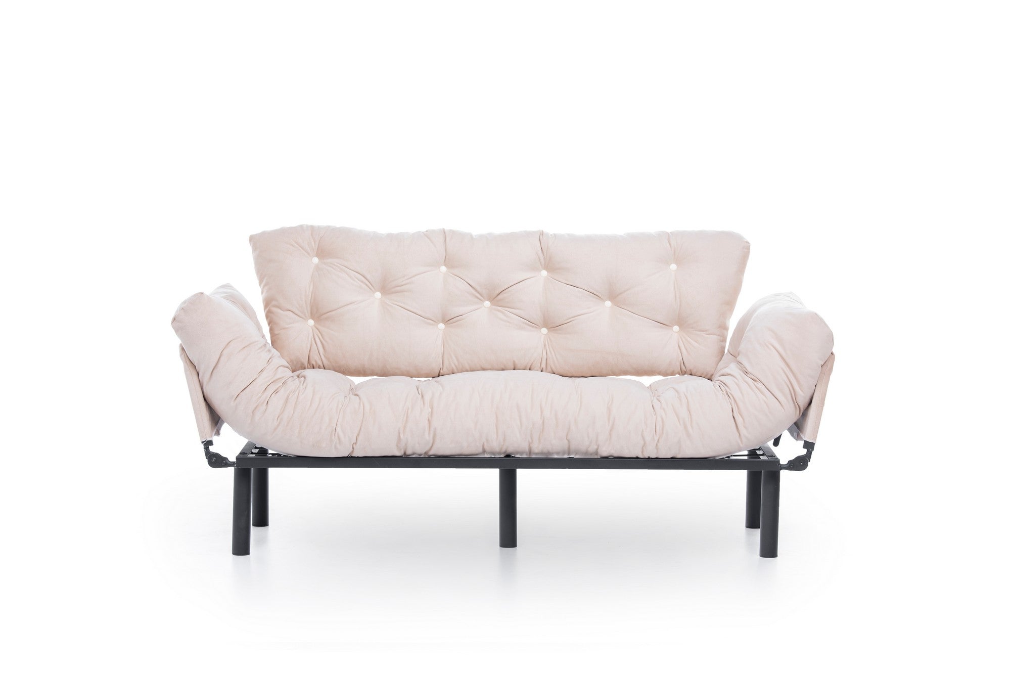 Sofá-cama moderno de 3 lugares, tecido de poliéster creme, estrutura 100% metálica, 185 cm | Braços ajustáveis em 5 níveis, capacidade para 300 kg, design elegante e funcional