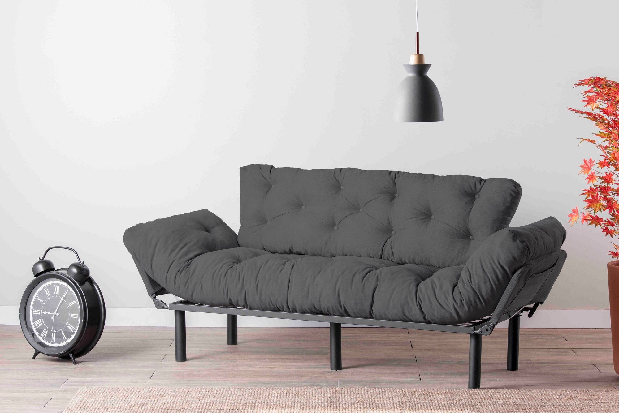 Sofá-cama moderno de 3 lugares, tecido de poliéster cinza, 185 cm | Estrutura 100% metálica, braços ajustáveis em 5 níveis, capacidade de 300 kg | Design elegante e funcional