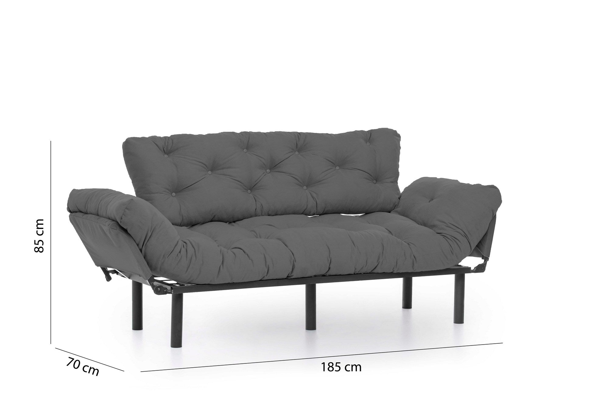 Sofá-cama moderno de 3 lugares, tecido de poliéster cinza, 185 cm | Estrutura 100% metálica, braços ajustáveis em 5 níveis, capacidade de 300 kg | Design elegante e funcional