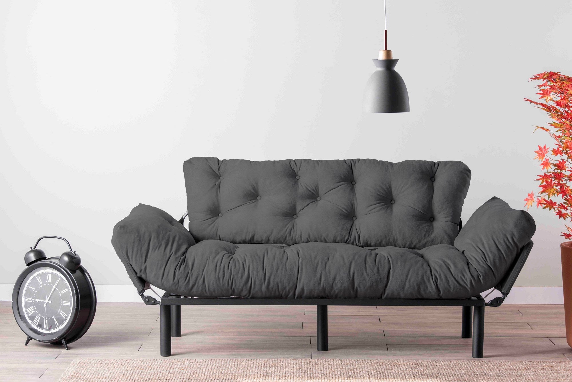 Sofá-cama moderno de 3 lugares, tecido de poliéster cinza, 185 cm | Estrutura 100% metálica, braços ajustáveis em 5 níveis, capacidade de 300 kg | Design elegante e funcional
