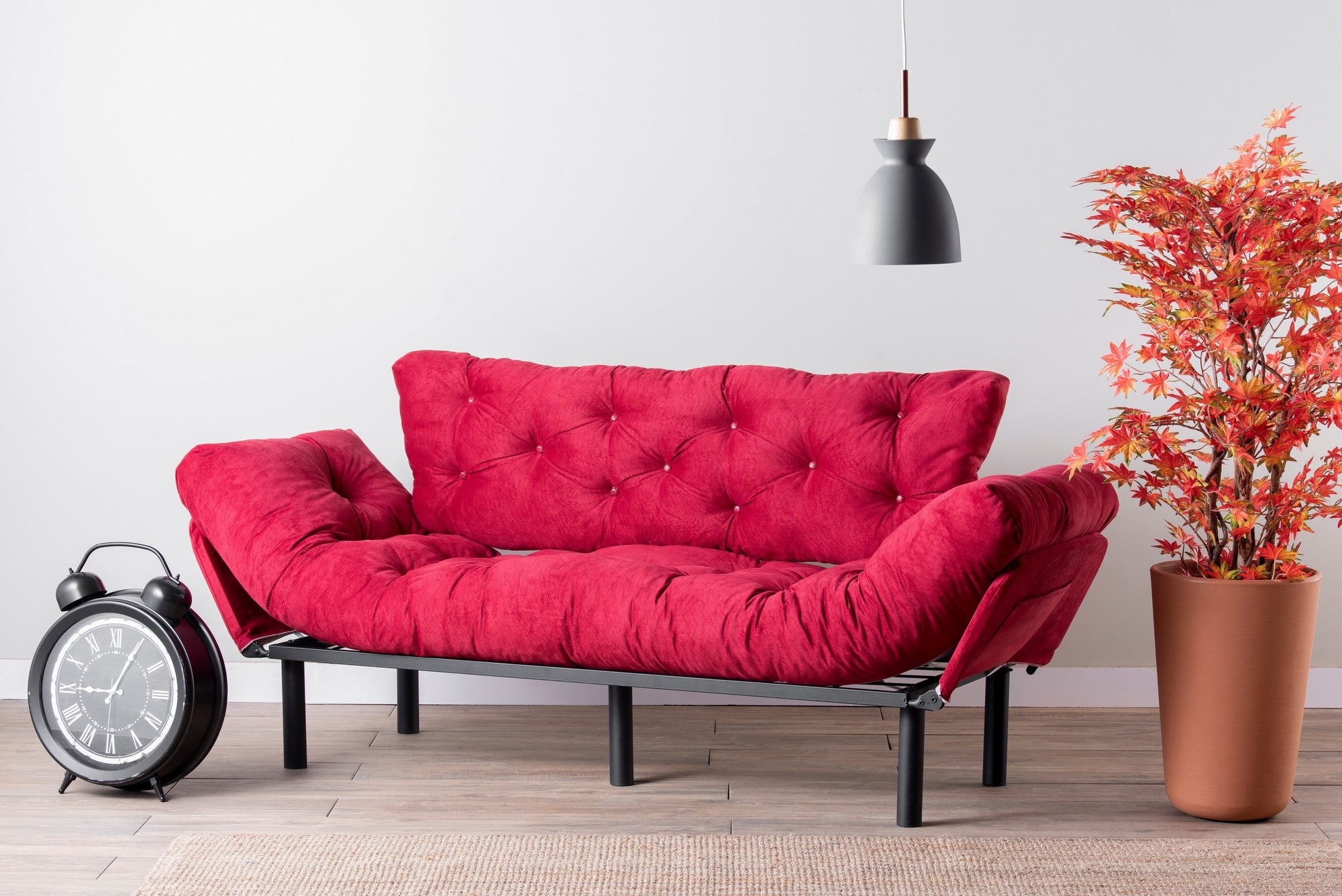 Sofá-cama moderno de 3 lugares, marrom, 185 cm | Estrutura 100% metálica, espuma 24 DNS, braços ajustáveis em 5 níveis | Elegante e funcional para casa e escritório