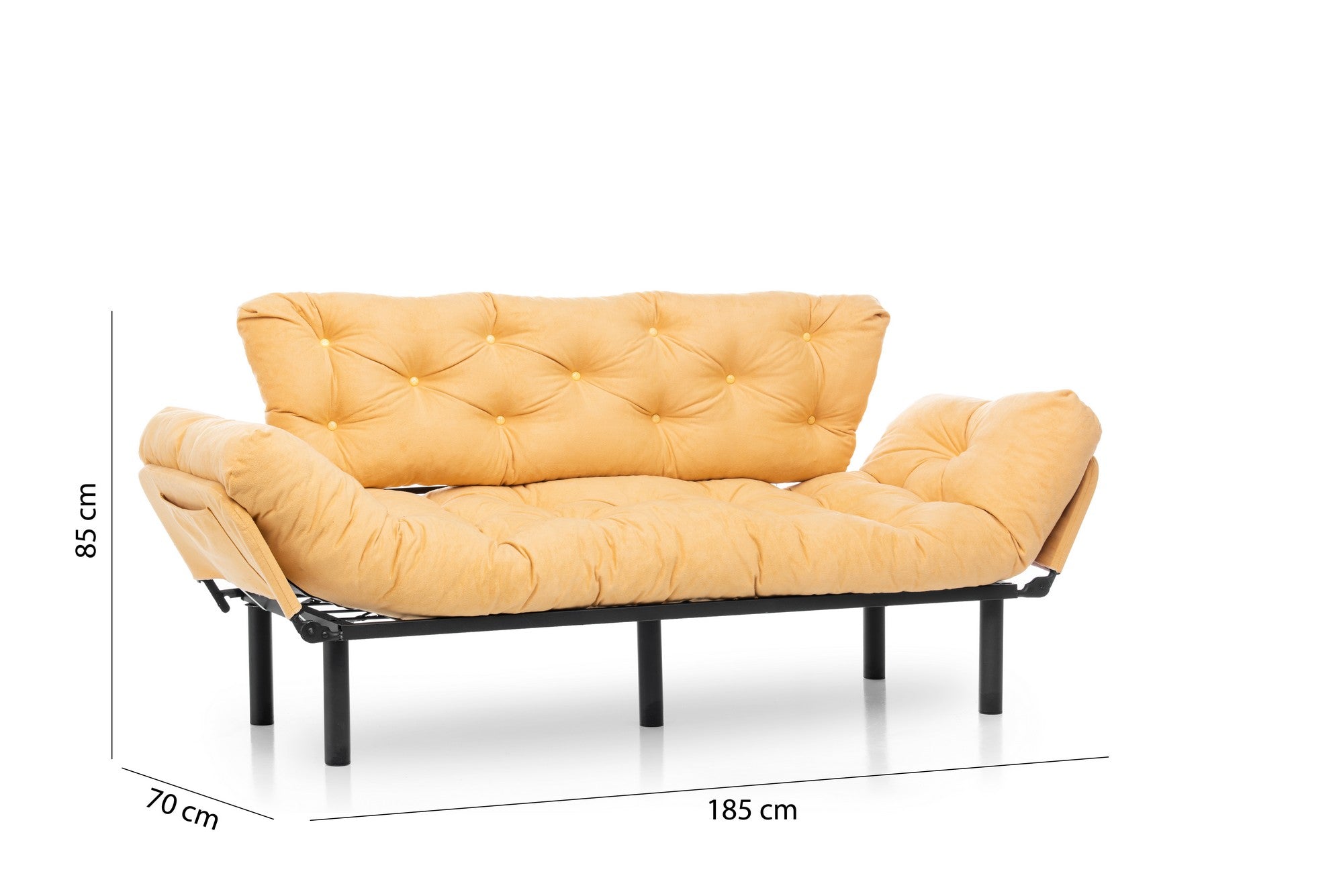 Sofá-cama moderno de 3 lugares, amarelo mostarda, 185 cm | Estrutura 100% metálica, espuma 24 DNS, braços ajustáveis em 5 níveis | Elegante e funcional para qualquer espaço