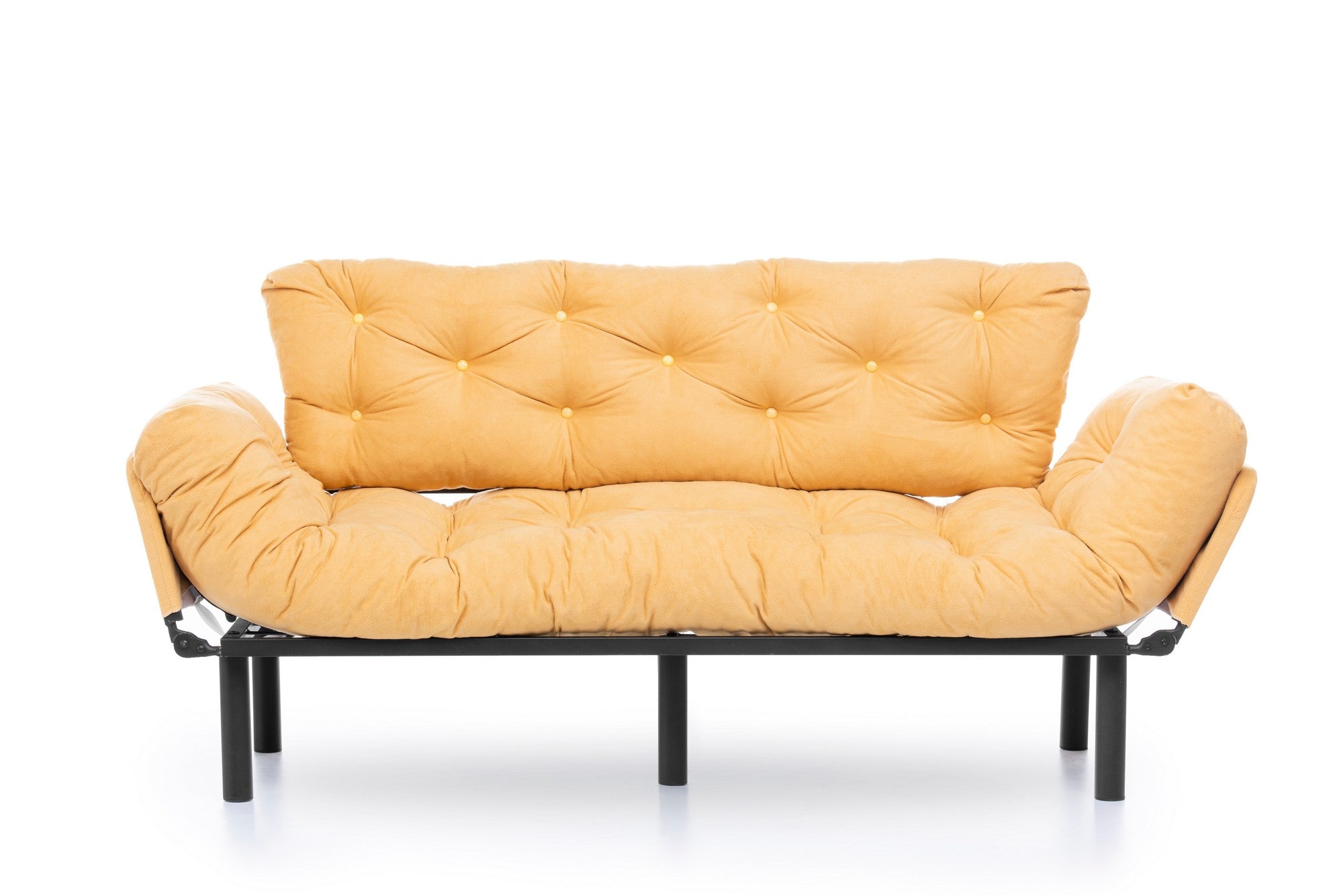 Sofá-cama moderno de 3 lugares, amarelo mostarda, 185 cm | Estrutura 100% metálica, espuma 24 DNS, braços ajustáveis em 5 níveis | Elegante e funcional para qualquer espaço