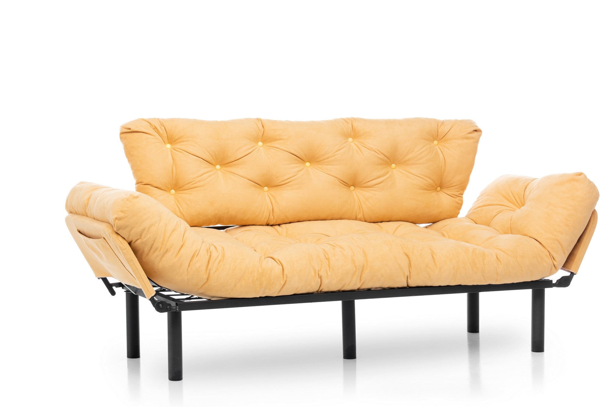 Sofá-cama moderno de 3 lugares, amarelo mostarda, 185 cm | Estrutura 100% metálica, espuma 24 DNS, braços ajustáveis em 5 níveis | Elegante e funcional para qualquer espaço