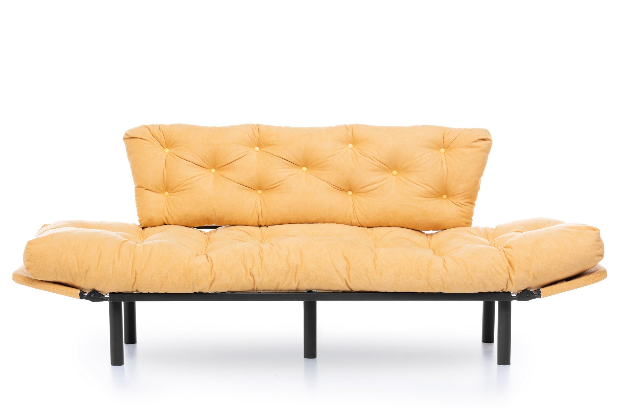Sofá-cama moderno de 3 lugares, amarelo mostarda, 185 cm | Estrutura 100% metálica, espuma 24 DNS, braços ajustáveis em 5 níveis | Elegante e funcional para qualquer espaço