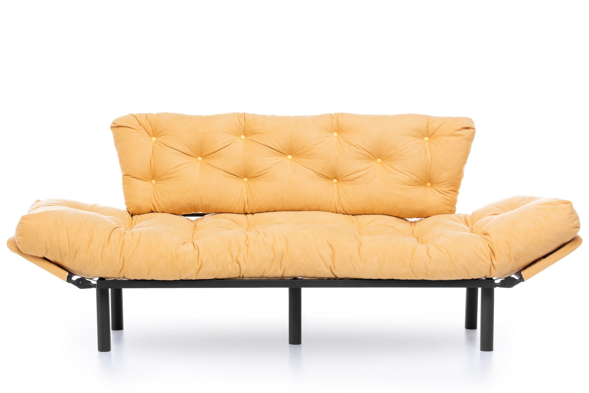 Sofá-cama moderno de 3 lugares, amarelo mostarda, 185 cm | Estrutura 100% metálica, espuma 24 DNS, braços ajustáveis em 5 níveis | Elegante e funcional para qualquer espaço