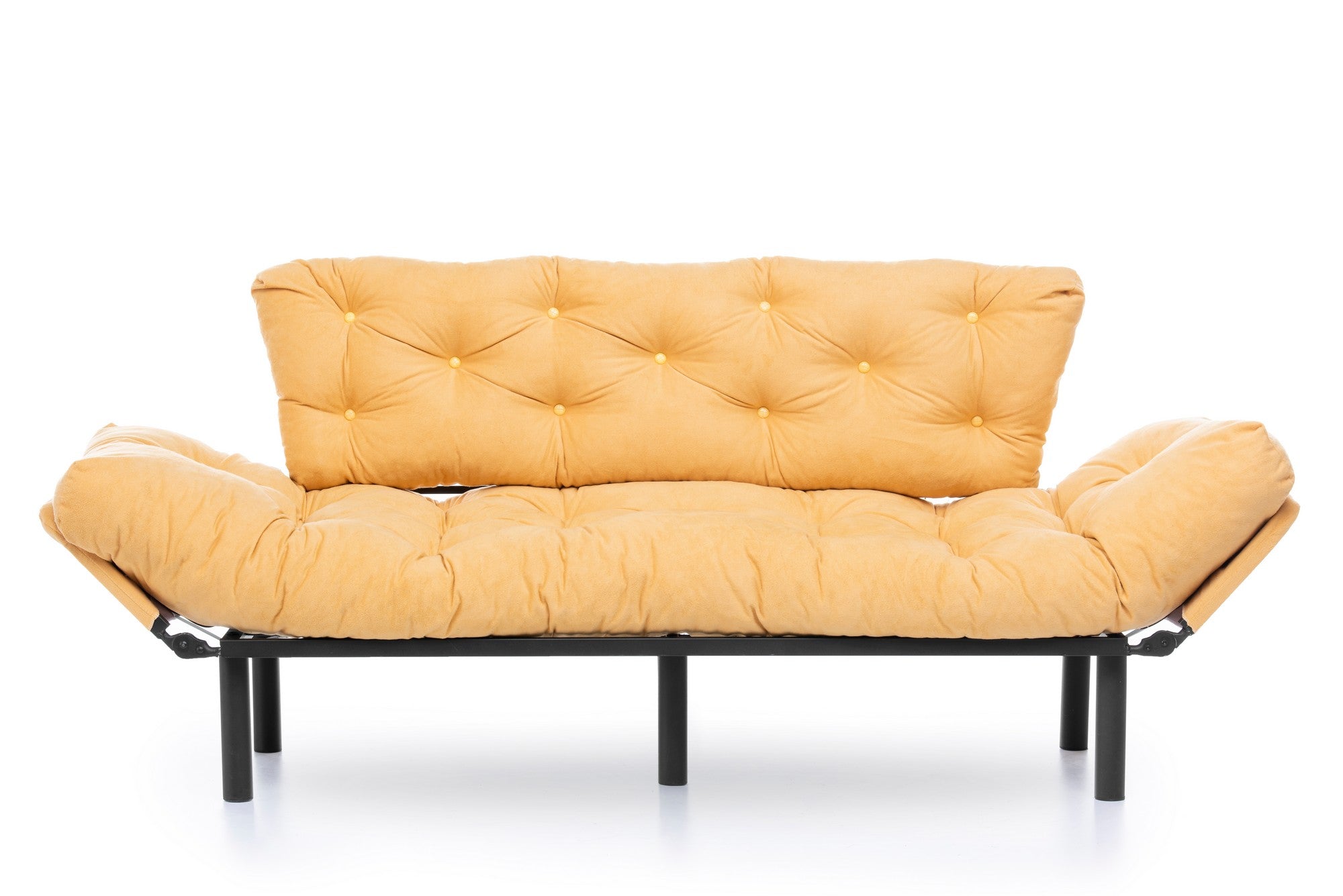 Sofá-cama moderno de 3 lugares, amarelo mostarda, 185 cm | Estrutura 100% metálica, espuma 24 DNS, braços ajustáveis em 5 níveis | Elegante e funcional para qualquer espaço