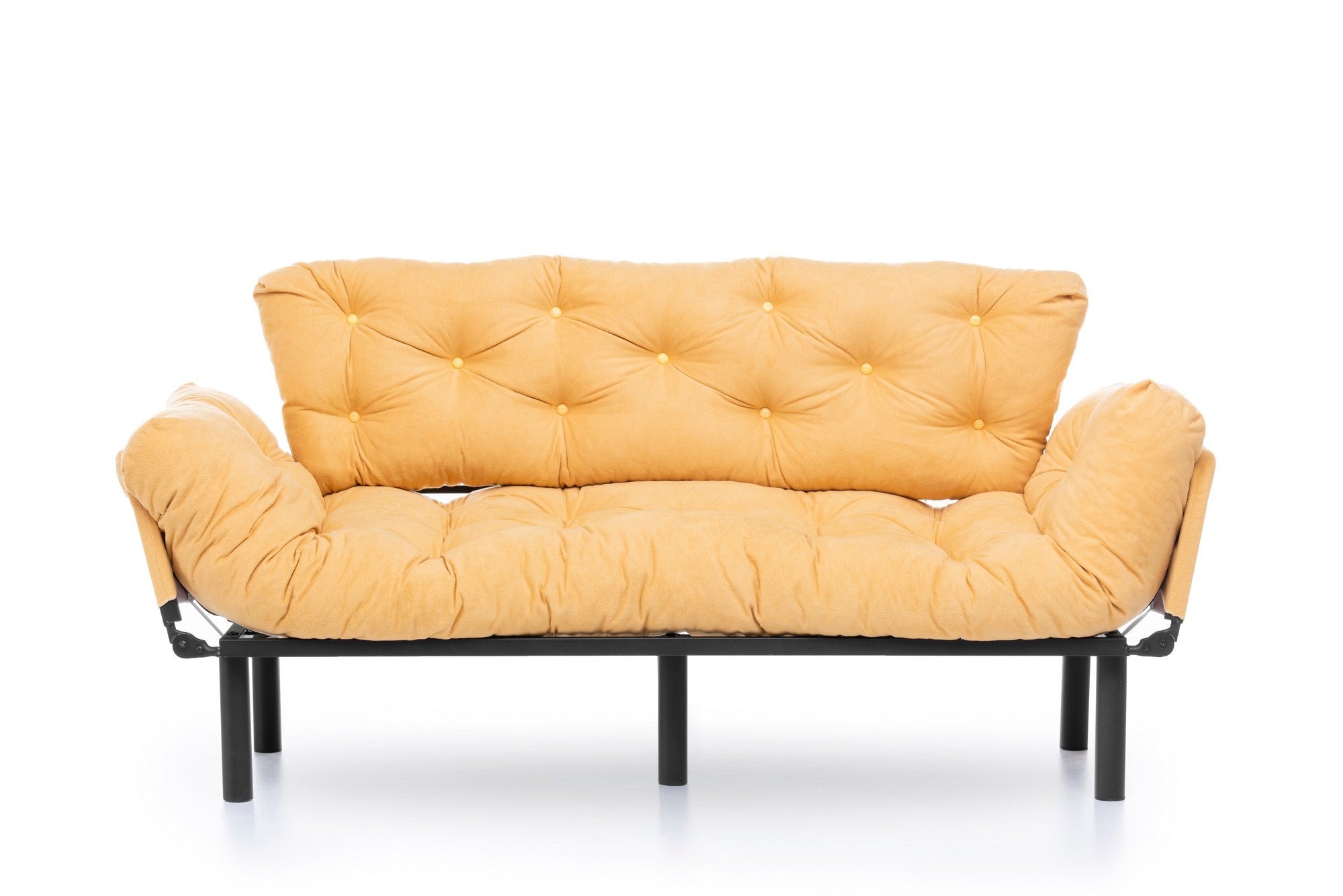 Sofá-cama moderno de 3 lugares, amarelo mostarda, 185 cm | Estrutura 100% metálica, espuma 24 DNS, braços ajustáveis em 5 níveis | Elegante e funcional para qualquer espaço