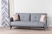 Sofá-cama moderno de 3 lugares, tecido de linho cinza, estrutura 100% metálica | Braços e encosto ajustáveis, molas ensacadas + espuma, peso máximo de 300 kg | Elegante e funcional
