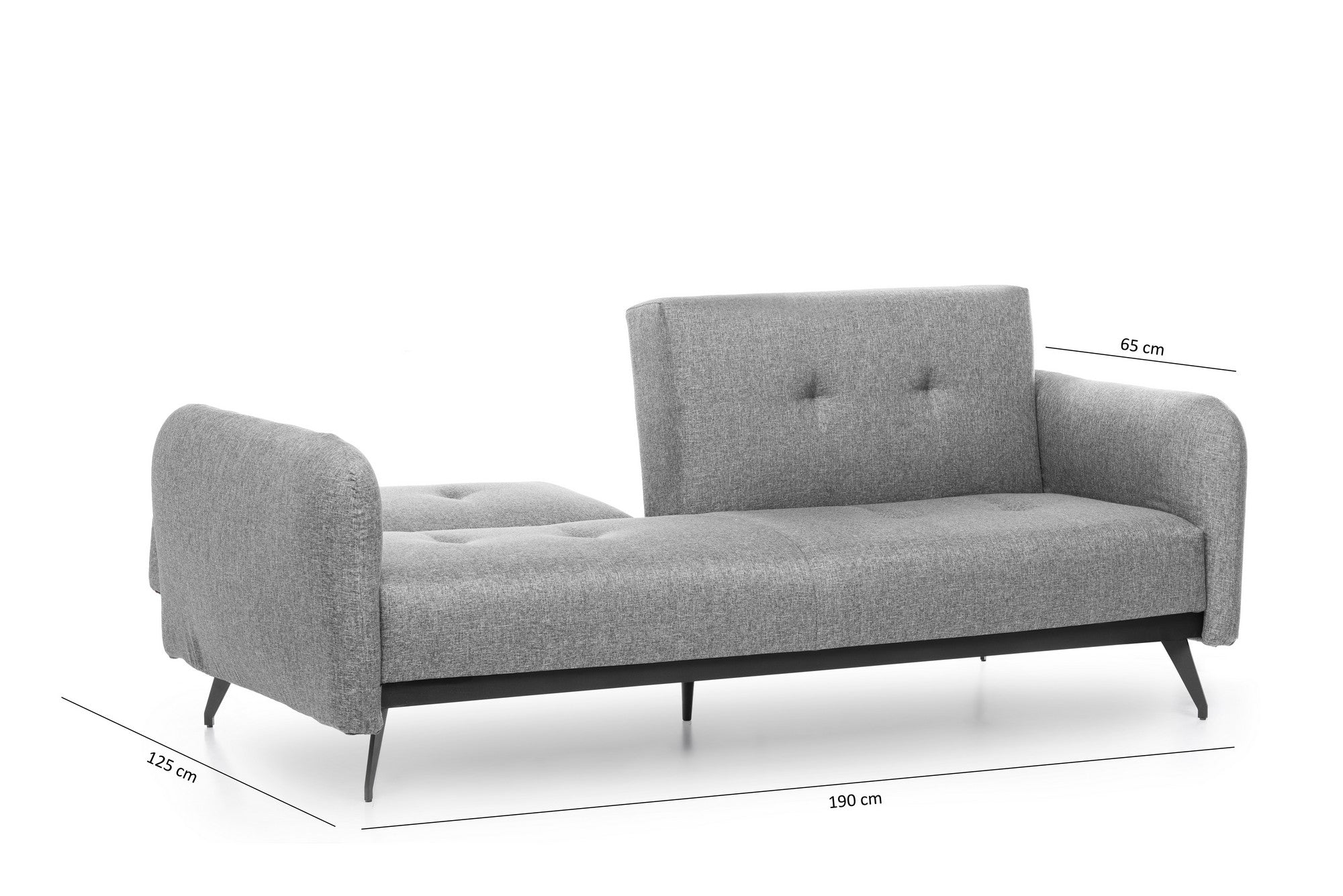 Sofá-cama moderno de 3 lugares, tecido de linho cinza, estrutura 100% metálica | Braços e encosto ajustáveis, molas ensacadas + espuma, peso máximo de 300 kg | Elegante e funcional