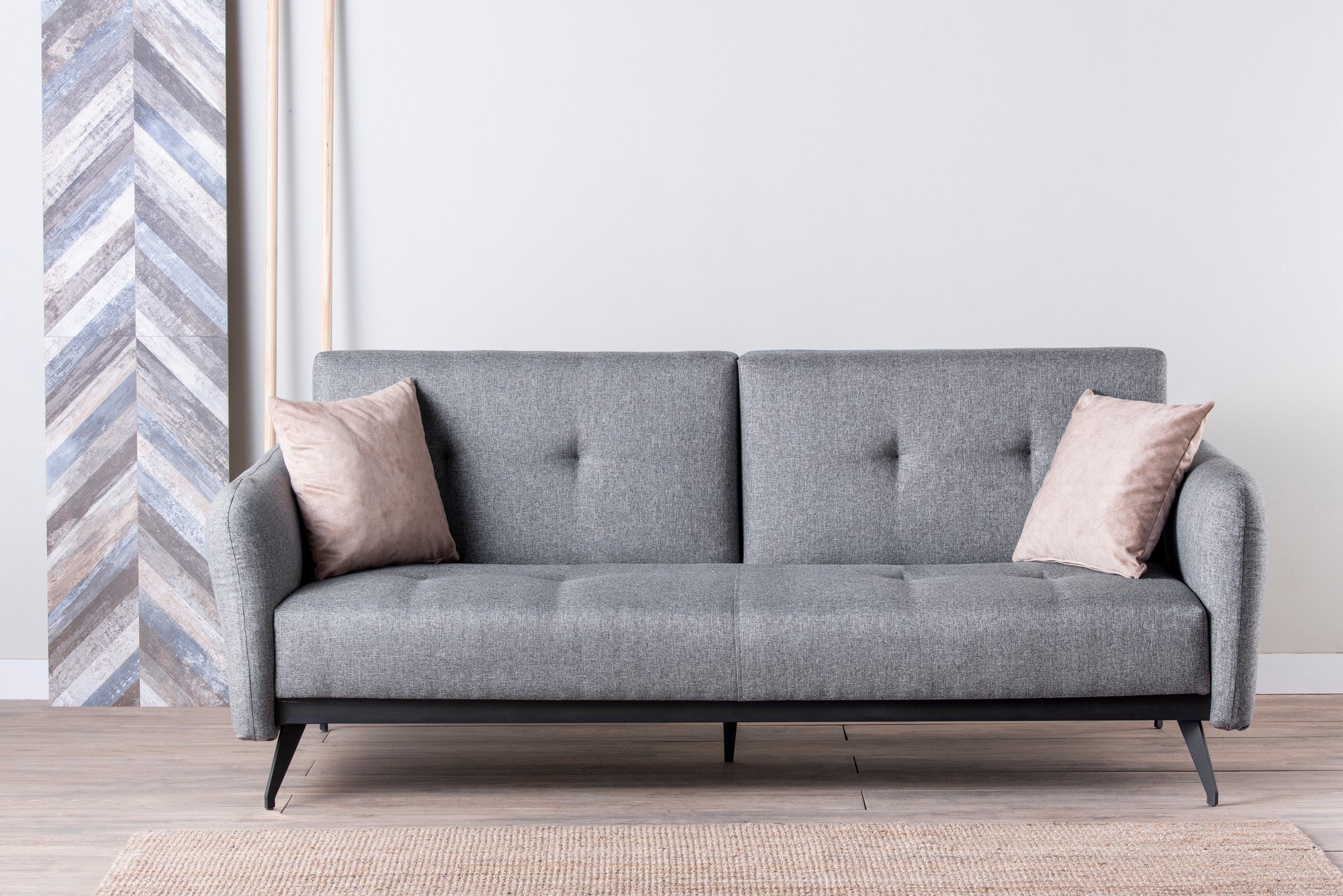 Sofá-cama moderno de 3 lugares, tecido de linho cinza, estrutura 100% metálica | Braços e encosto ajustáveis, molas ensacadas + espuma, peso máximo de 300 kg | Elegante e funcional