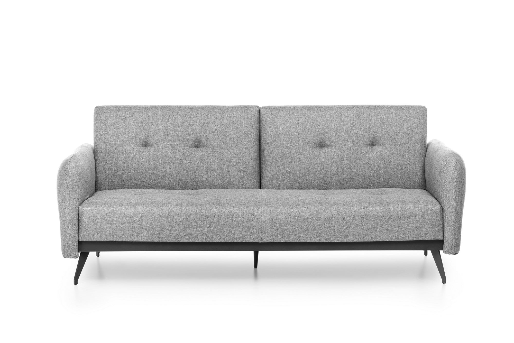 Sofá-cama moderno de 3 lugares, tecido de linho cinza, estrutura 100% metálica | Braços e encosto ajustáveis, molas ensacadas + espuma, peso máximo de 300 kg | Elegante e funcional