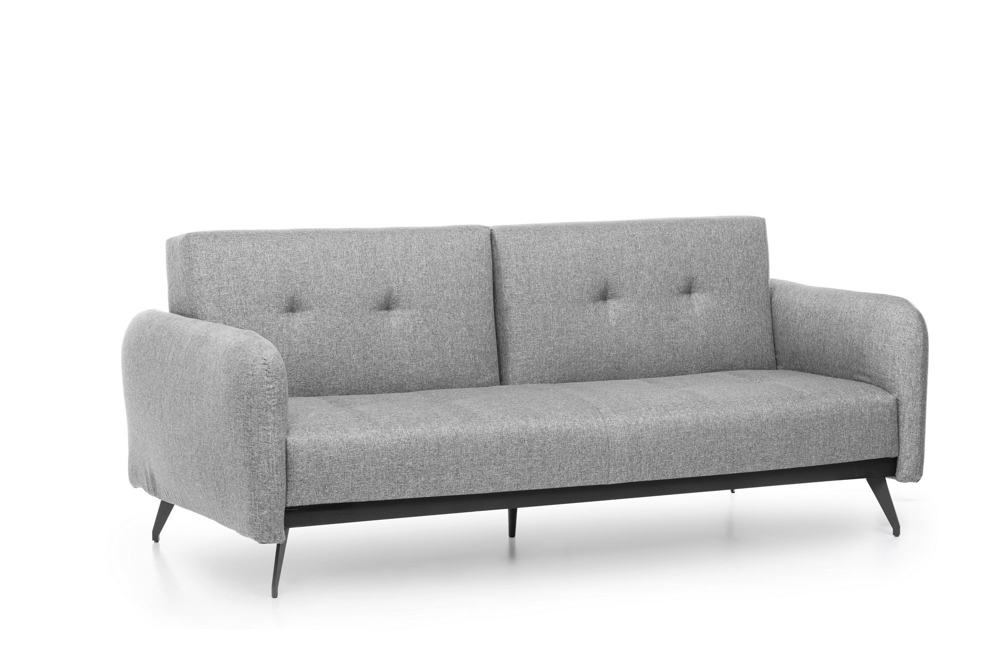 Sofá-cama moderno de 3 lugares, tecido de linho cinza, estrutura 100% metálica | Braços e encosto ajustáveis, molas ensacadas + espuma, peso máximo de 300 kg | Elegante e funcional