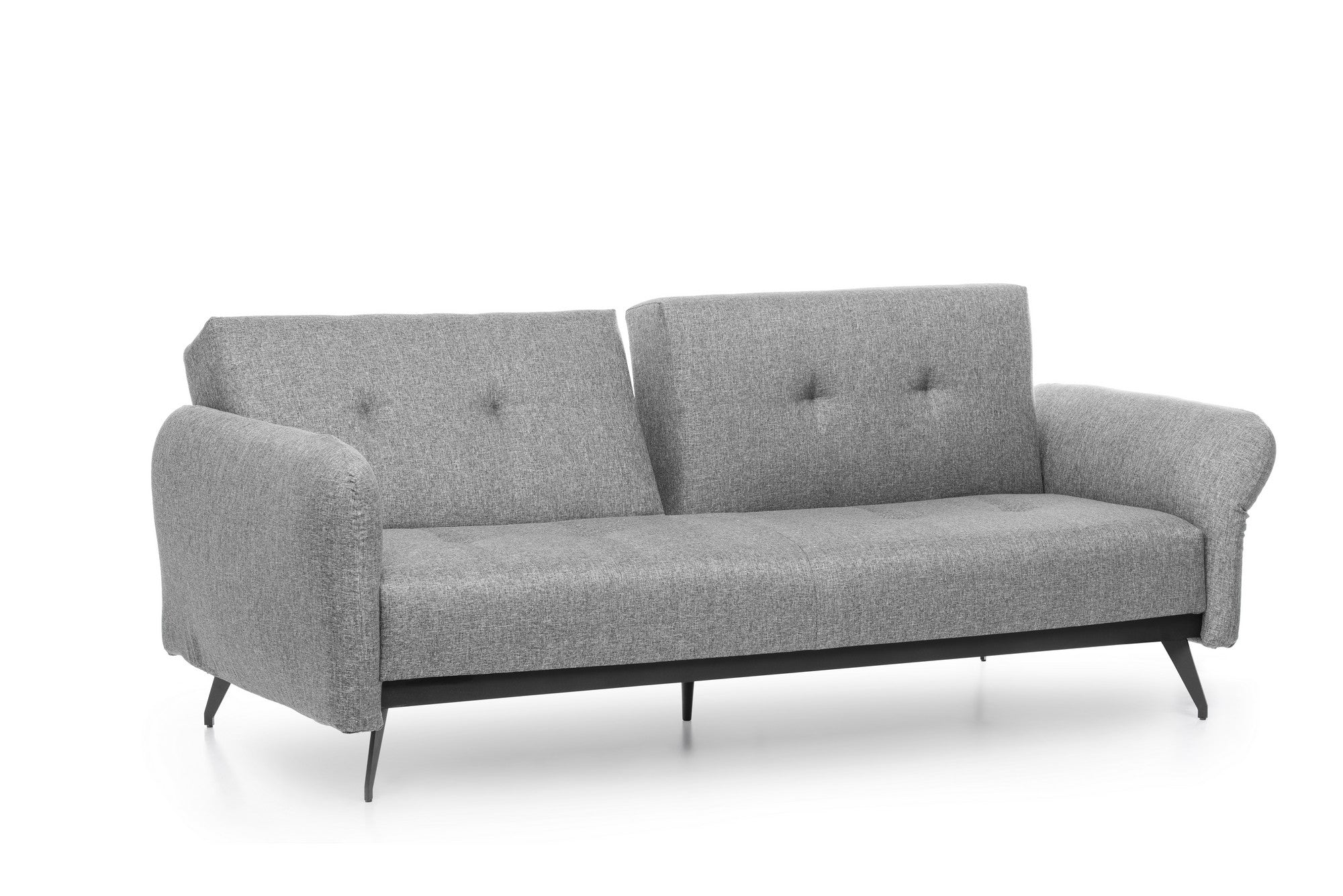 Sofá-cama moderno de 3 lugares, tecido de linho cinza, estrutura 100% metálica | Braços e encosto ajustáveis, molas ensacadas + espuma, peso máximo de 300 kg | Elegante e funcional