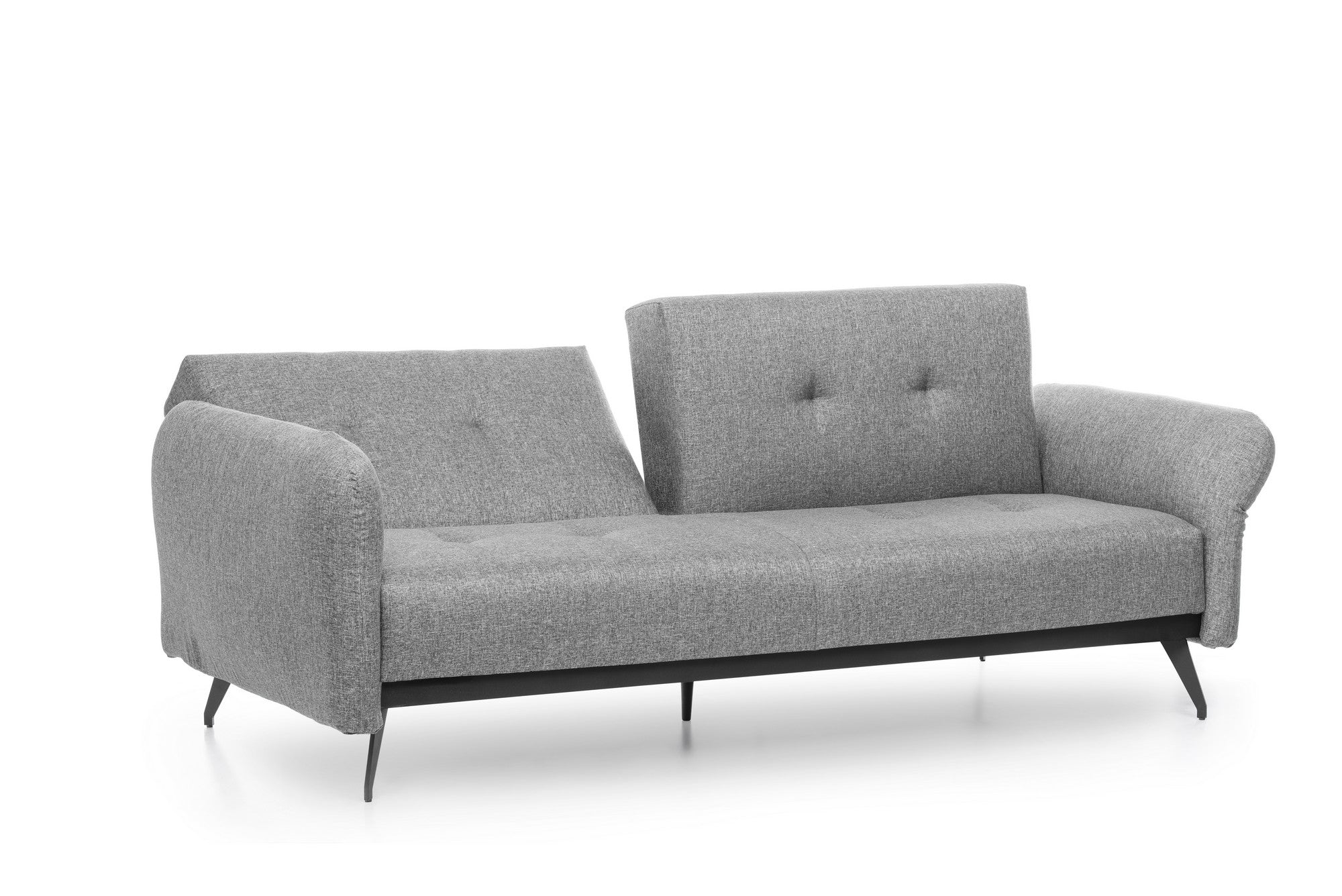 Sofá-cama moderno de 3 lugares, tecido de linho cinza, estrutura 100% metálica | Braços e encosto ajustáveis, molas ensacadas + espuma, peso máximo de 300 kg | Elegante e funcional