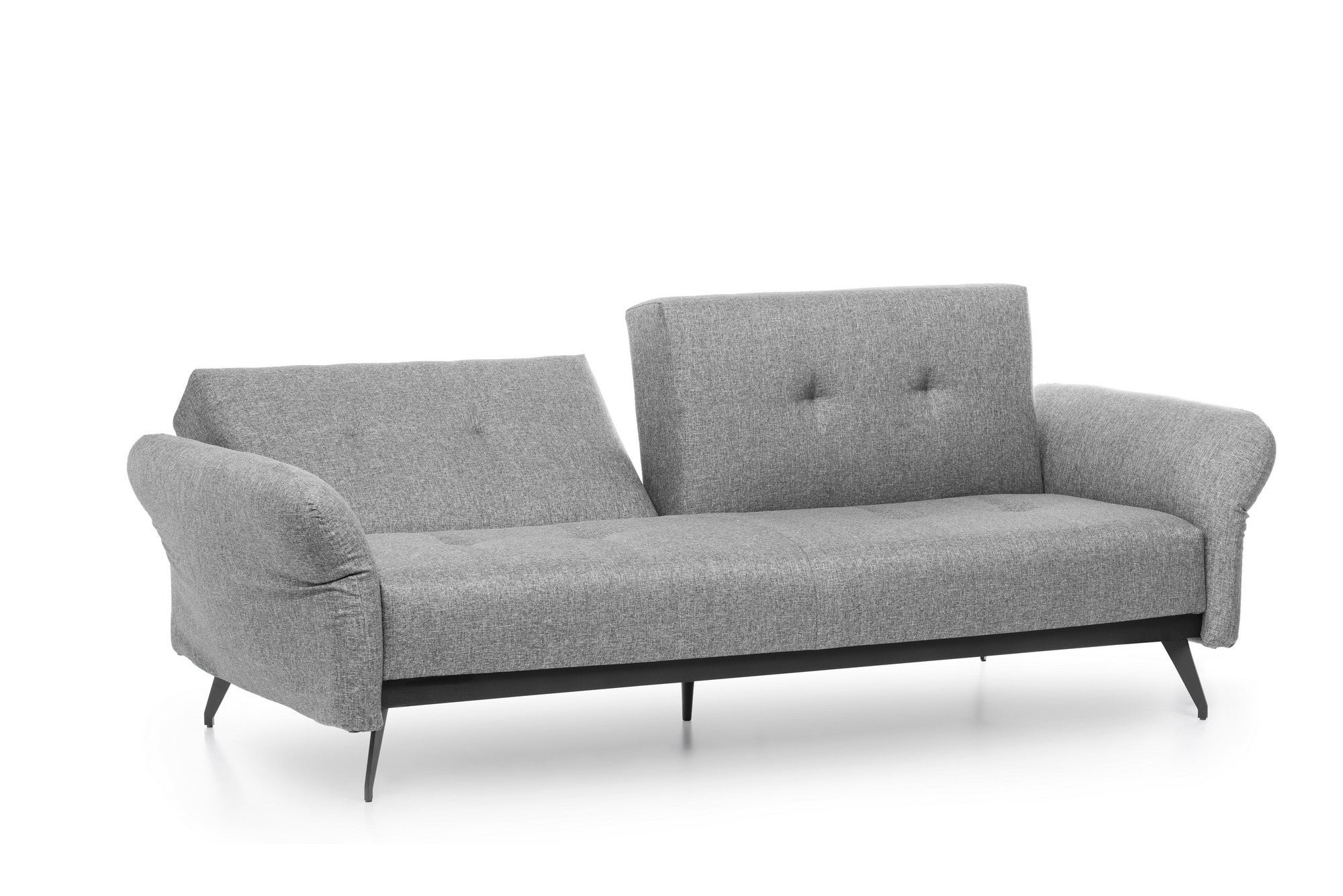 Sofá-cama moderno de 3 lugares, tecido de linho cinza, estrutura 100% metálica | Braços e encosto ajustáveis, molas ensacadas + espuma, peso máximo de 300 kg | Elegante e funcional