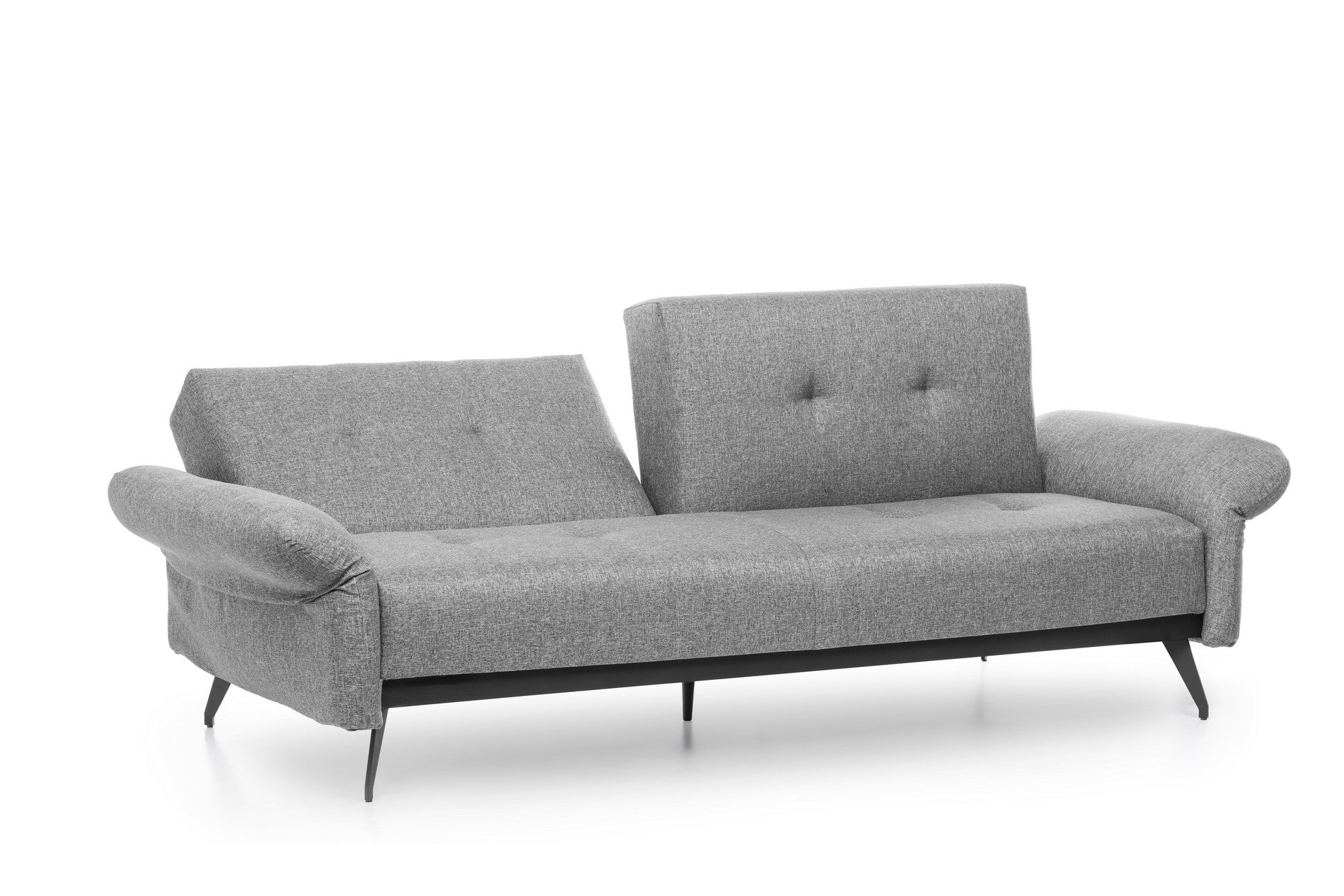 Sofá-cama moderno de 3 lugares, tecido de linho cinza, estrutura 100% metálica | Braços e encosto ajustáveis, molas ensacadas + espuma, peso máximo de 300 kg | Elegante e funcional