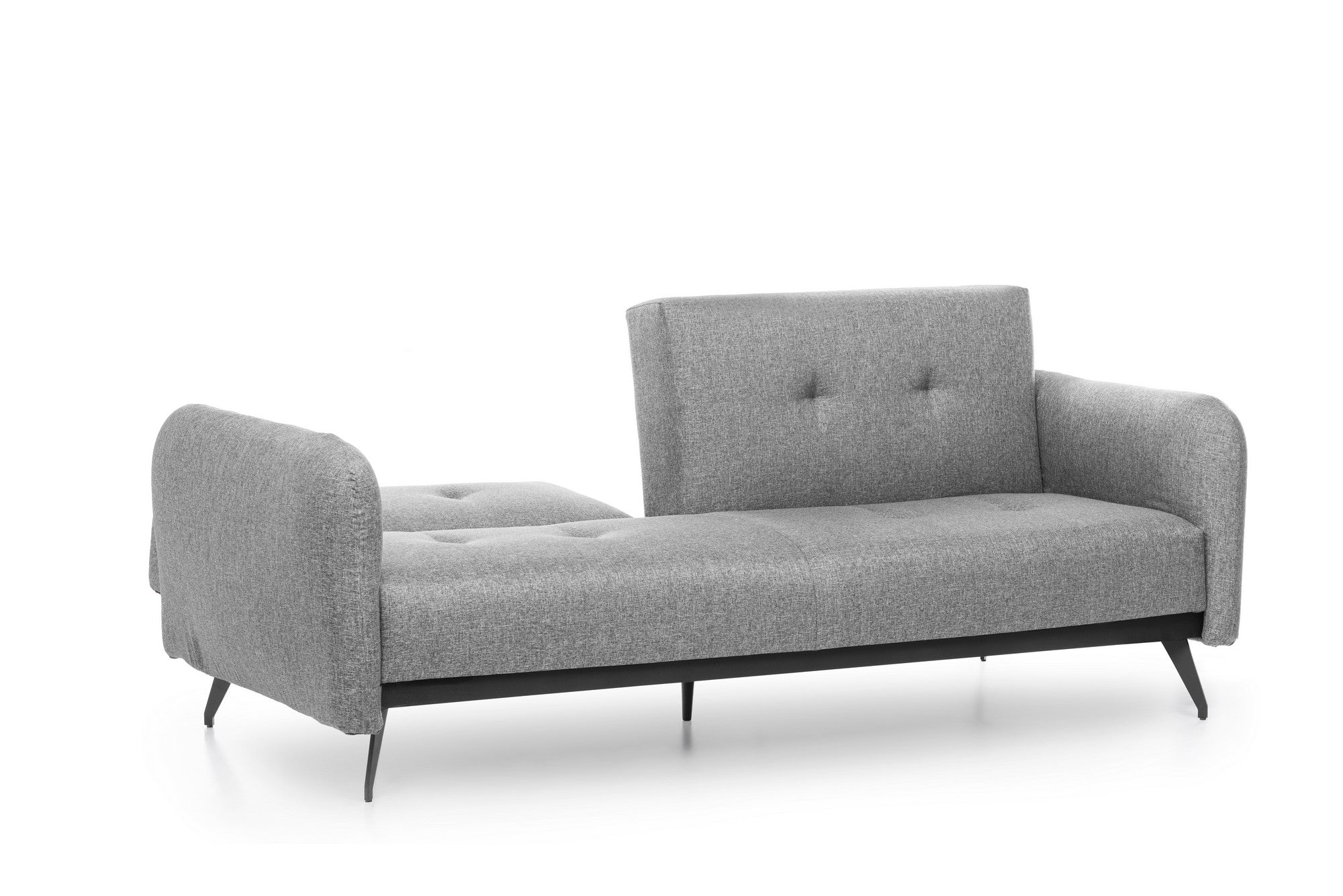 Sofá-cama moderno de 3 lugares, tecido de linho cinza, estrutura 100% metálica | Braços e encosto ajustáveis, molas ensacadas + espuma, peso máximo de 300 kg | Elegante e funcional