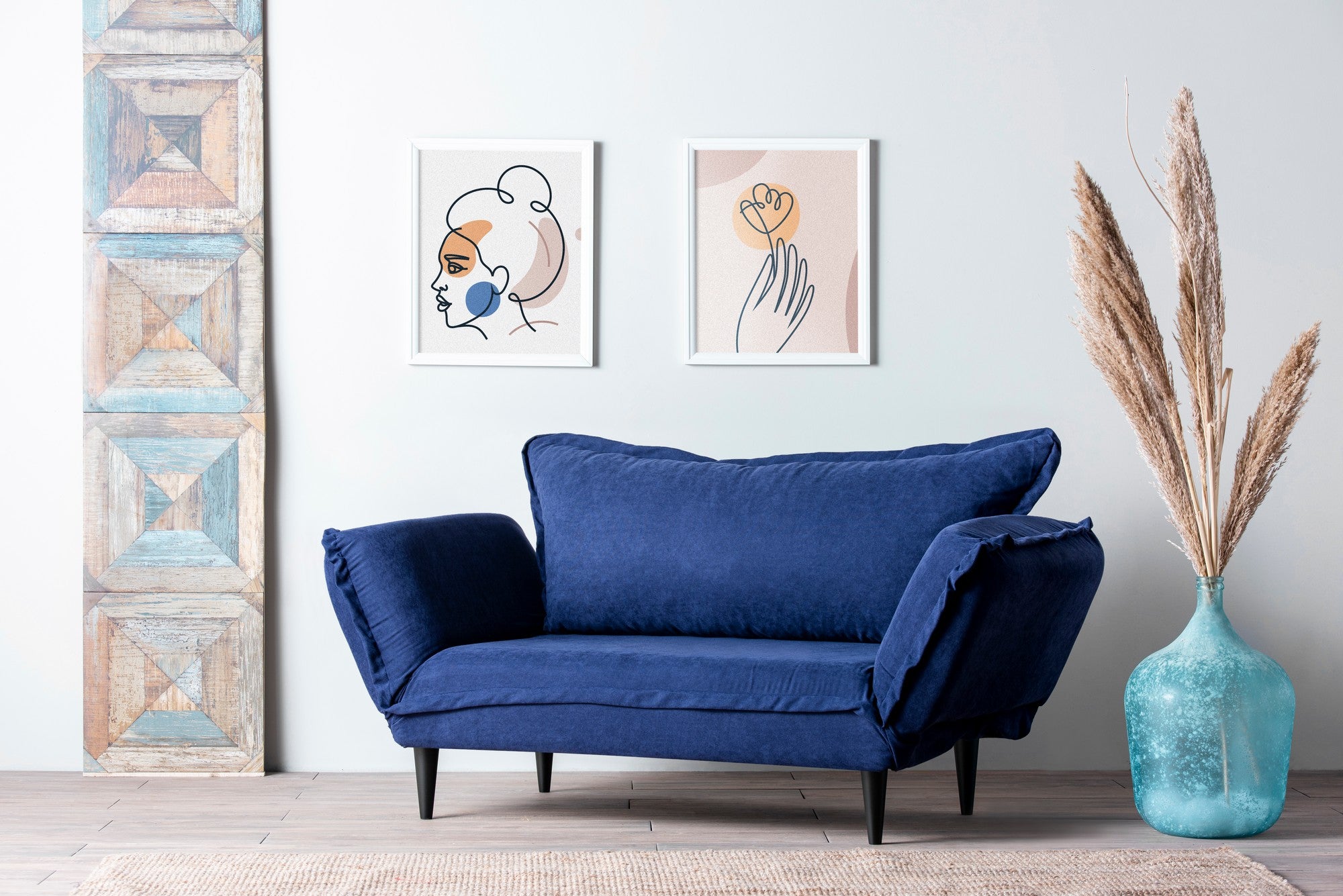 Sofá-cama moderno de 2 lugares, tecido de linho azul-marinho, 150 cm | Estrutura 100% metálica e pernas de madeira | Braços ajustáveis, alto conforto, capacidade para 200 kg