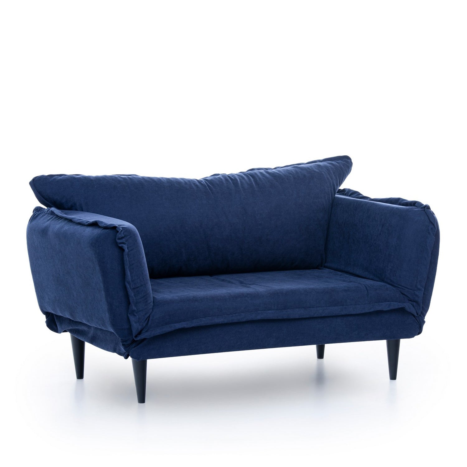 Sofá-cama moderno de 2 lugares, tecido de linho azul-marinho, 150 cm | Estrutura 100% metálica e pernas de madeira | Braços ajustáveis, alto conforto, capacidade para 200 kg