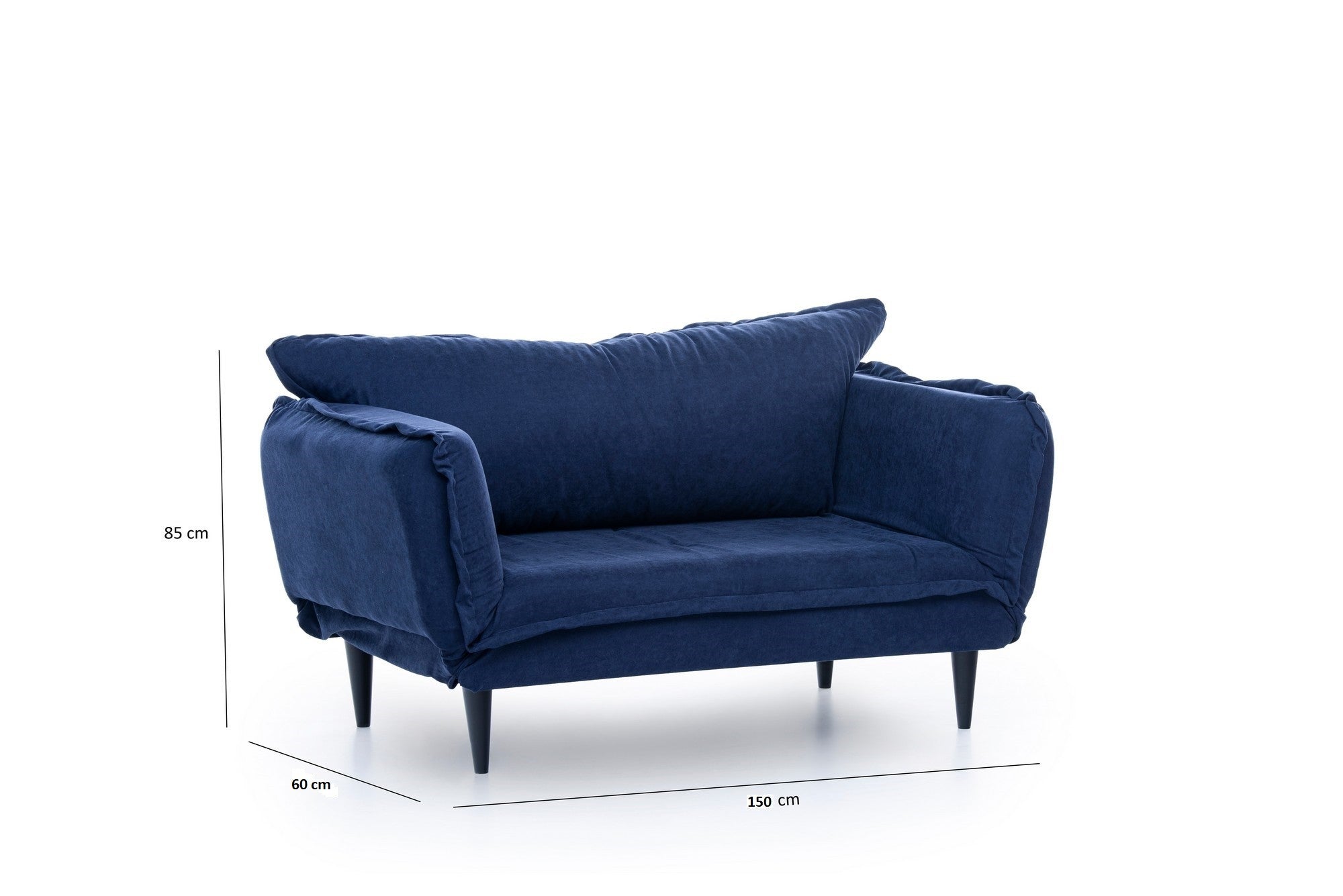 Sofá-cama moderno de 2 lugares, tecido de linho azul-marinho, 150 cm | Estrutura 100% metálica e pernas de madeira | Braços ajustáveis, alto conforto, capacidade para 200 kg