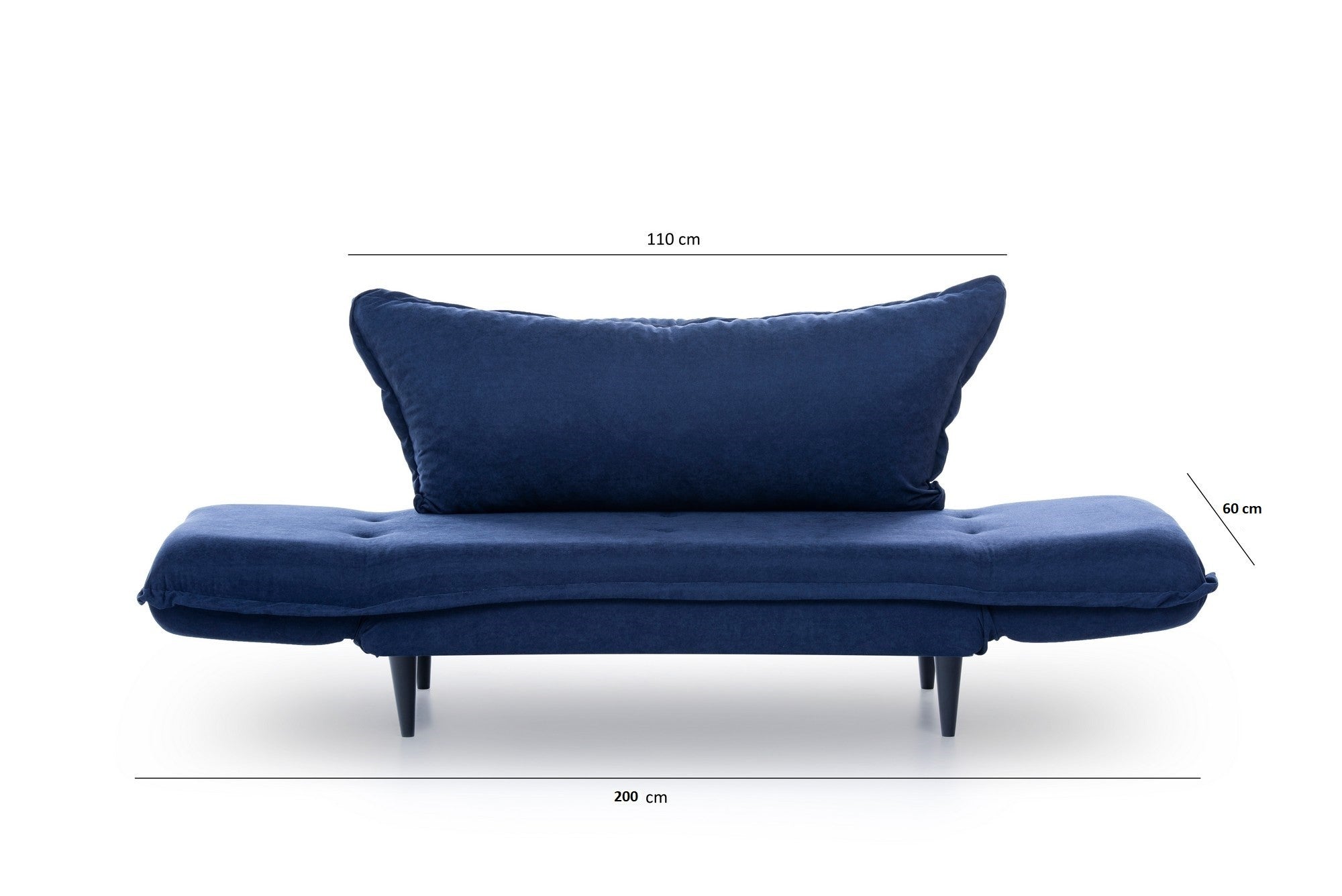 Sofá-cama moderno de 2 lugares, tecido de linho azul-marinho, 150 cm | Estrutura 100% metálica e pernas de madeira | Braços ajustáveis, alto conforto, capacidade para 200 kg
