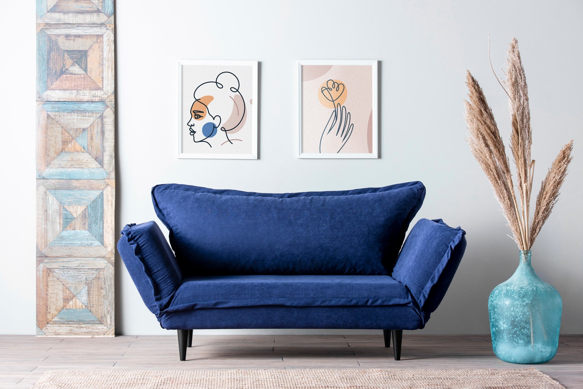 Sofá-cama moderno de 2 lugares, tecido de linho azul-marinho, 150 cm | Estrutura 100% metálica e pernas de madeira | Braços ajustáveis, alto conforto, capacidade para 200 kg