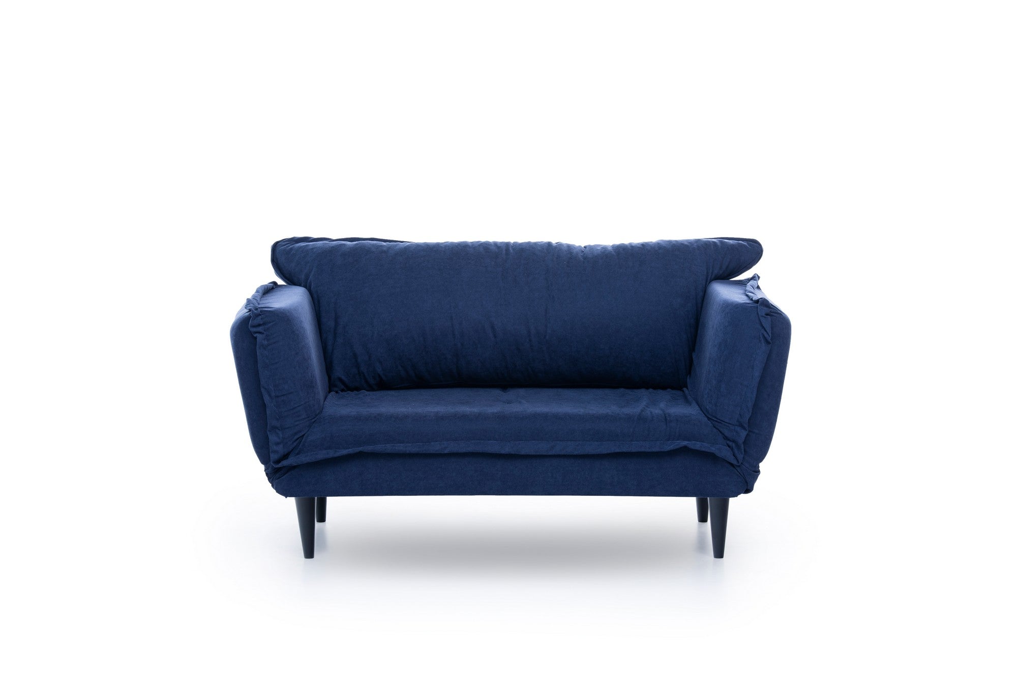 Sofá-cama moderno de 2 lugares, tecido de linho azul-marinho, 150 cm | Estrutura 100% metálica e pernas de madeira | Braços ajustáveis, alto conforto, capacidade para 200 kg