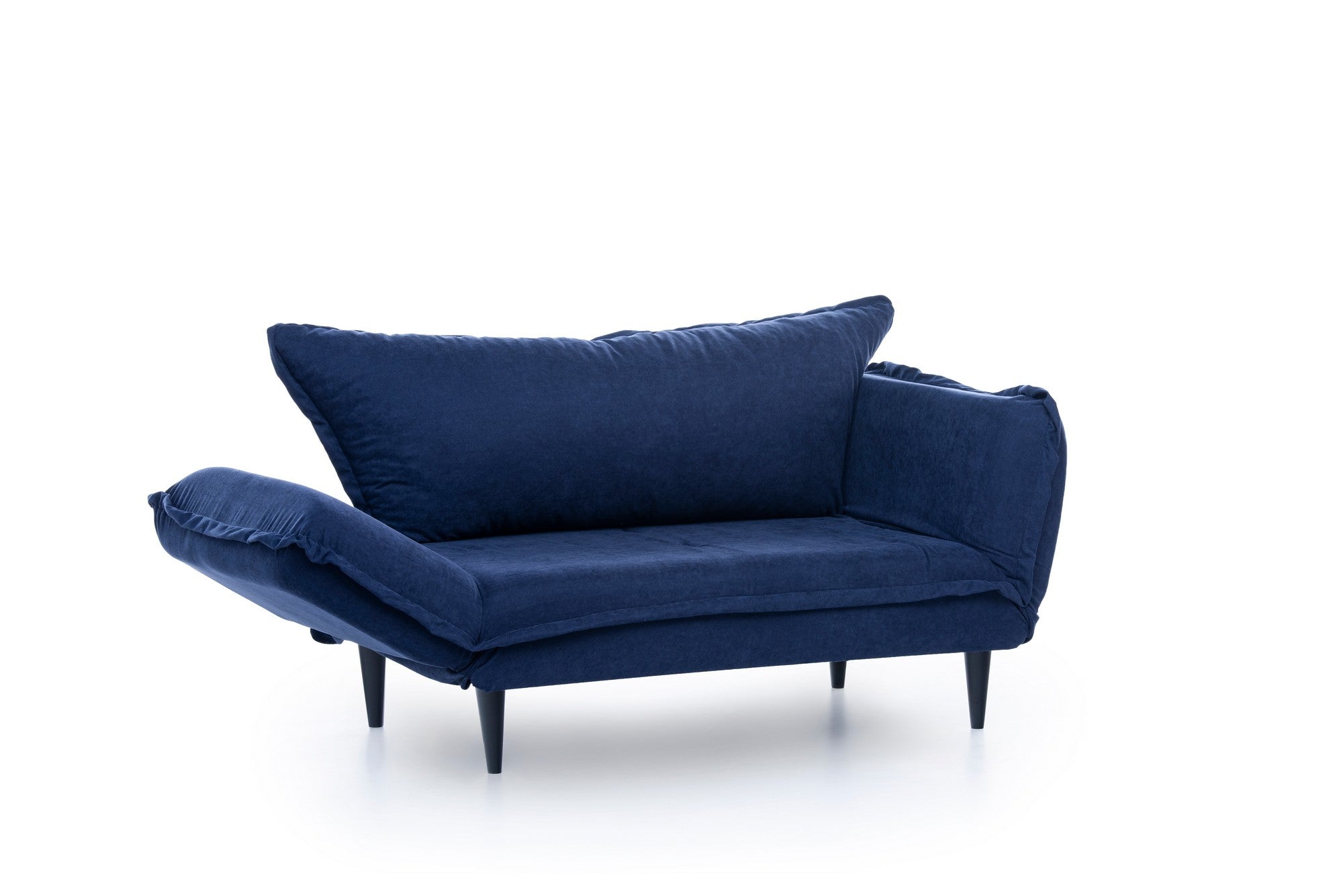 Sofá-cama moderno de 2 lugares, tecido de linho azul-marinho, 150 cm | Estrutura 100% metálica e pernas de madeira | Braços ajustáveis, alto conforto, capacidade para 200 kg