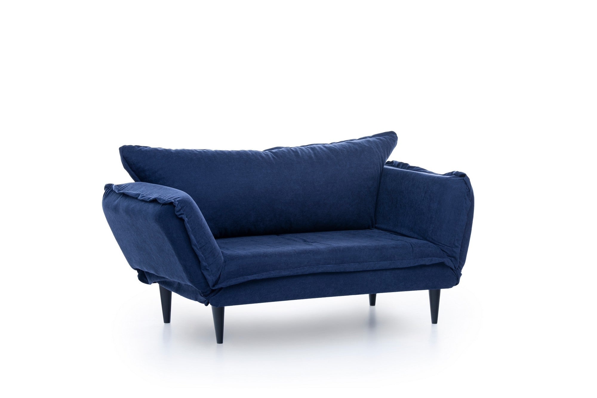Sofá-cama moderno de 2 lugares, tecido de linho azul-marinho, 150 cm | Estrutura 100% metálica e pernas de madeira | Braços ajustáveis, alto conforto, capacidade para 200 kg