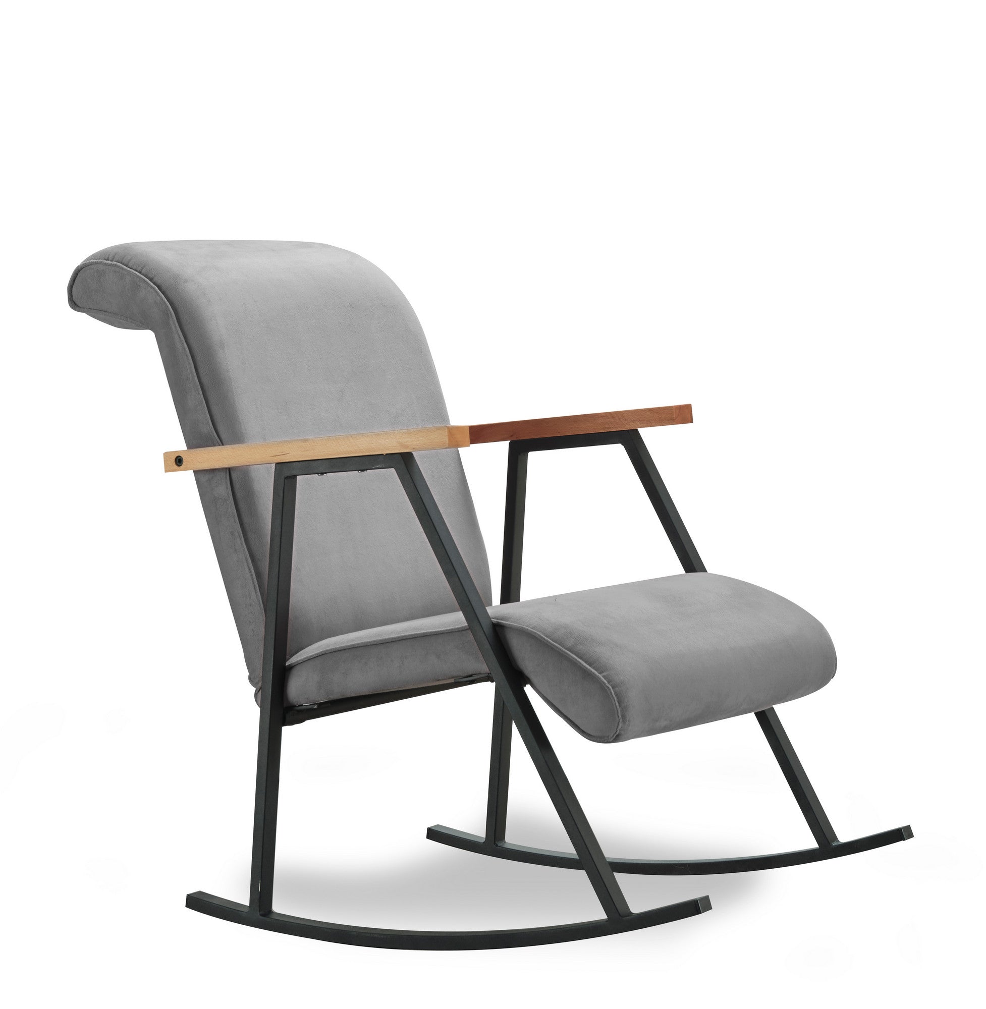 Cadeira de balanço moderna, cinza, estrutura 100% metal, forro de algodão fácil de limpar, altura total de 96 cm, elegante e funcional para decoração de casa e hotel