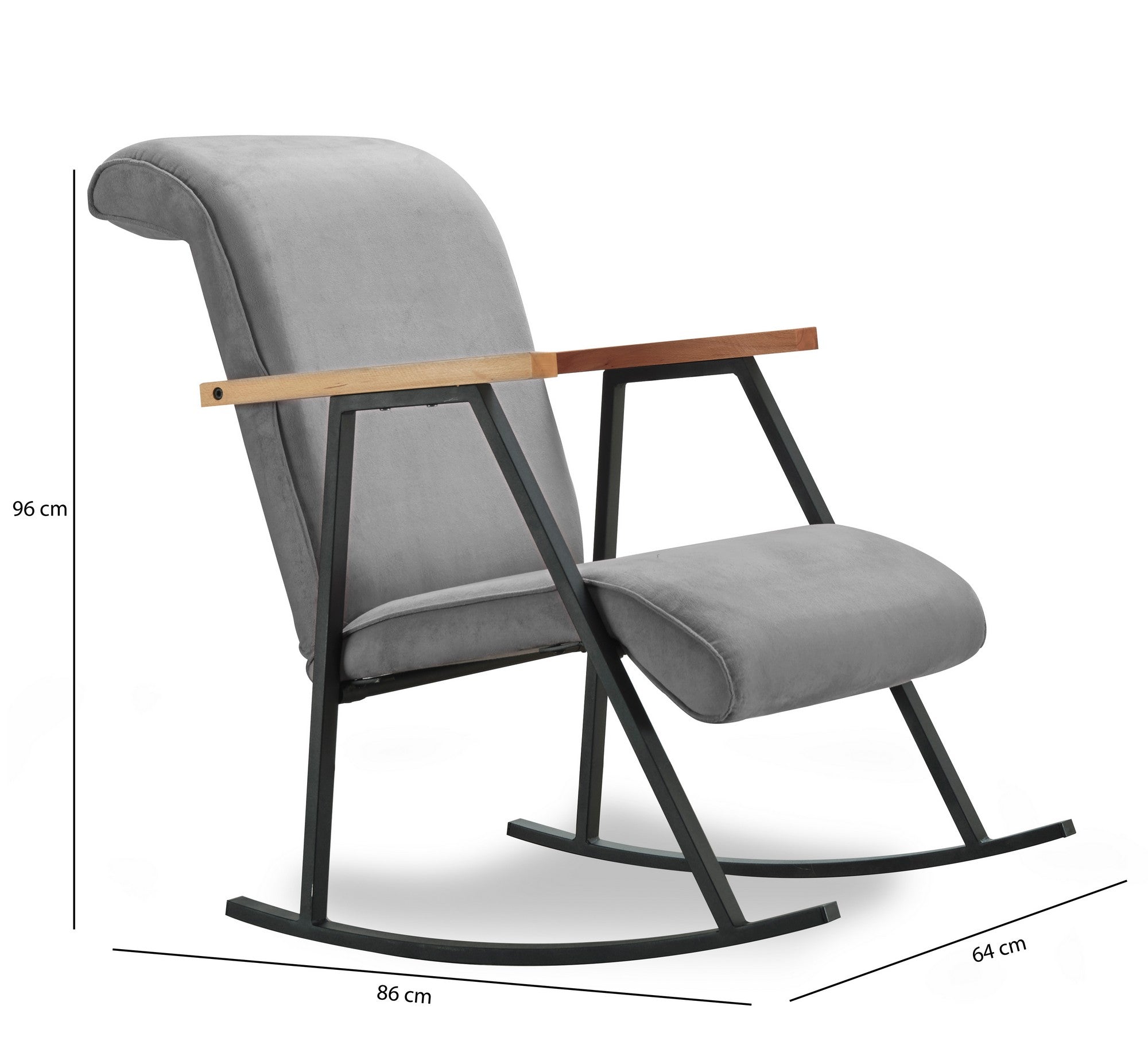 Cadeira de balanço moderna, cinza, estrutura 100% metal, forro de algodão fácil de limpar, altura total de 96 cm, elegante e funcional para decoração de casa e hotel