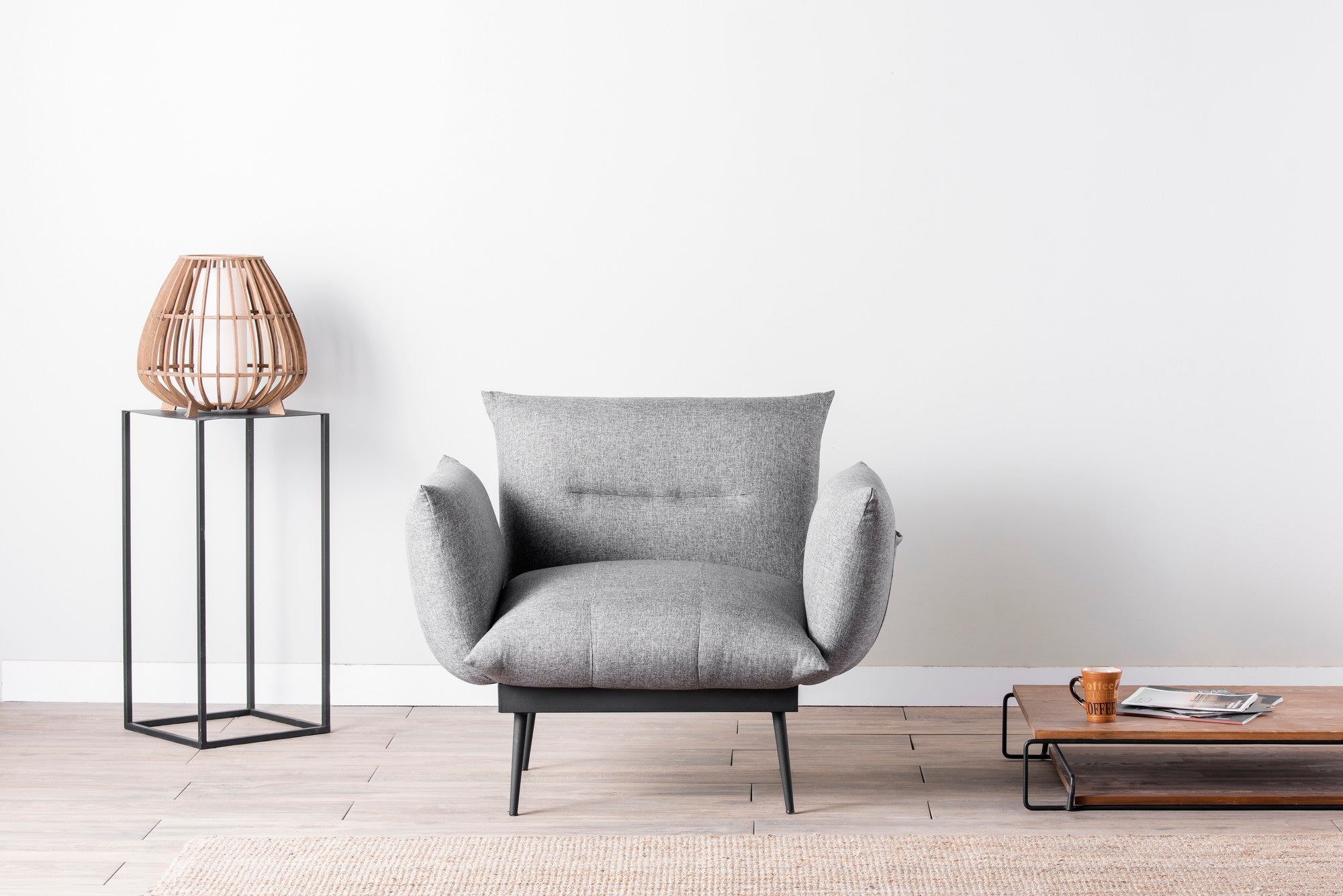 Poltrona moderna – 90 x 95 x 80 cm – Cinza – Tecido de linho