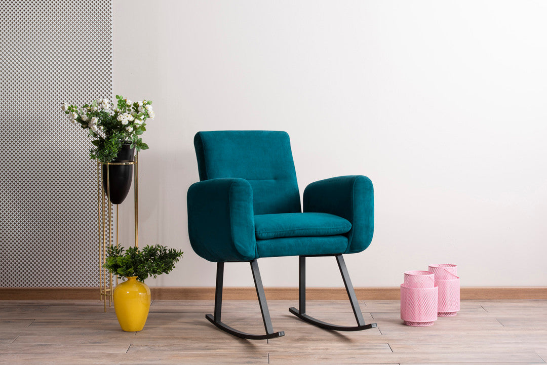 Cadeira de balanço moderna verde-petróleo, estrutura 100% metálica, encosto ajustável, almofadas de espuma de alto DNS | Elegante e durável para uso doméstico e em hotéis