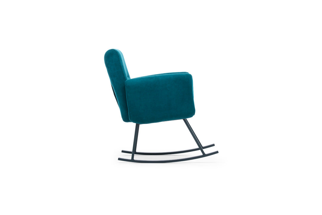 Cadeira de balanço moderna verde-petróleo, estrutura 100% metálica, encosto ajustável, almofadas de espuma de alto DNS | Elegante e durável para uso doméstico e em hotéis