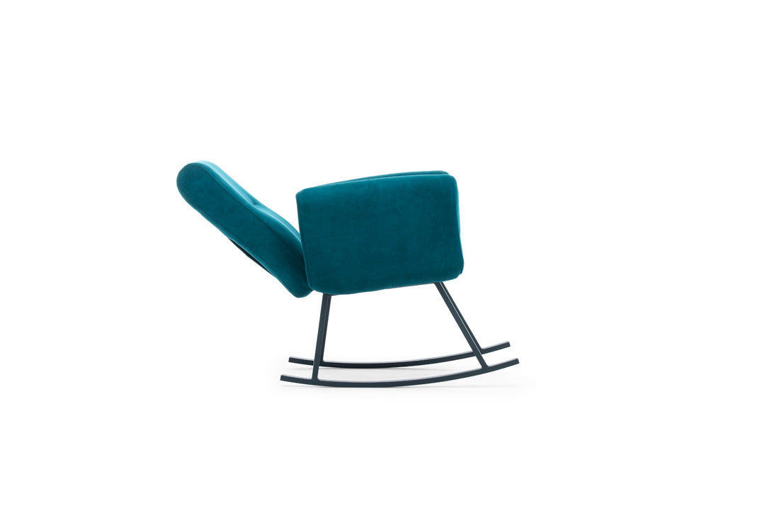 Cadeira de balanço moderna verde-petróleo, estrutura 100% metálica, encosto ajustável, almofadas de espuma de alto DNS | Elegante e durável para uso doméstico e em hotéis