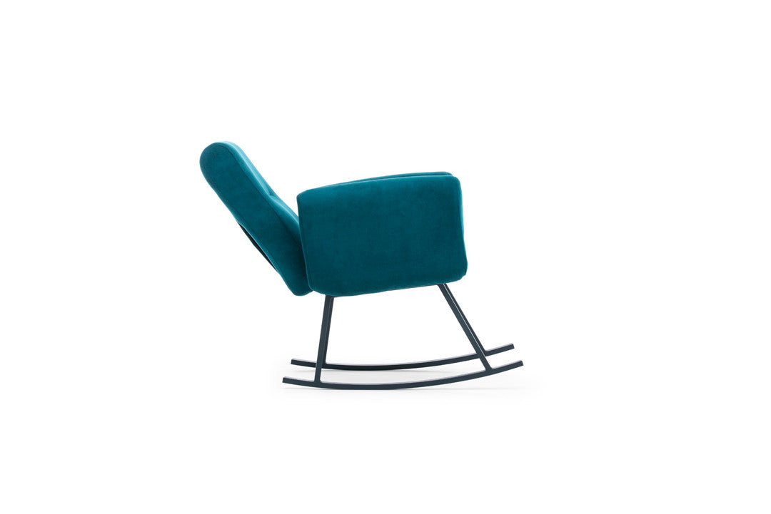 Cadeira de balanço moderna verde-petróleo, estrutura 100% metálica, encosto ajustável, almofadas de espuma de alto DNS | Elegante e durável para uso doméstico e em hotéis