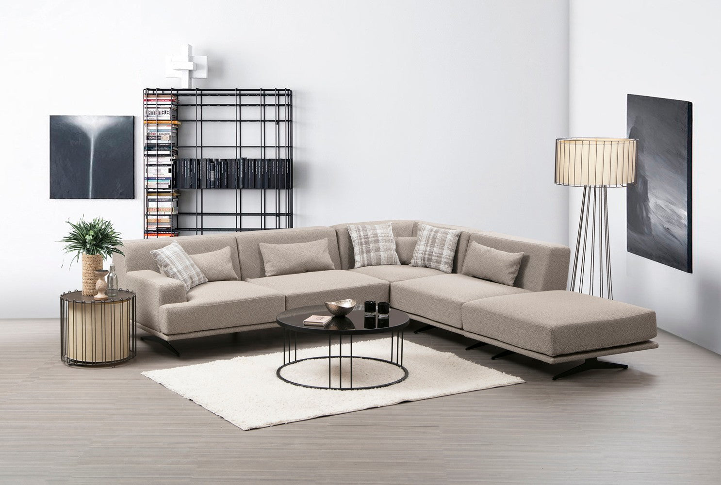 Sofá de canto elegante, bege, 302 x 80 x 302 cm | Estrutura em madeira de faia e aglomerado, 100% poliéster, espuma cinza macia e molas ensacadas | Design industrial moderno