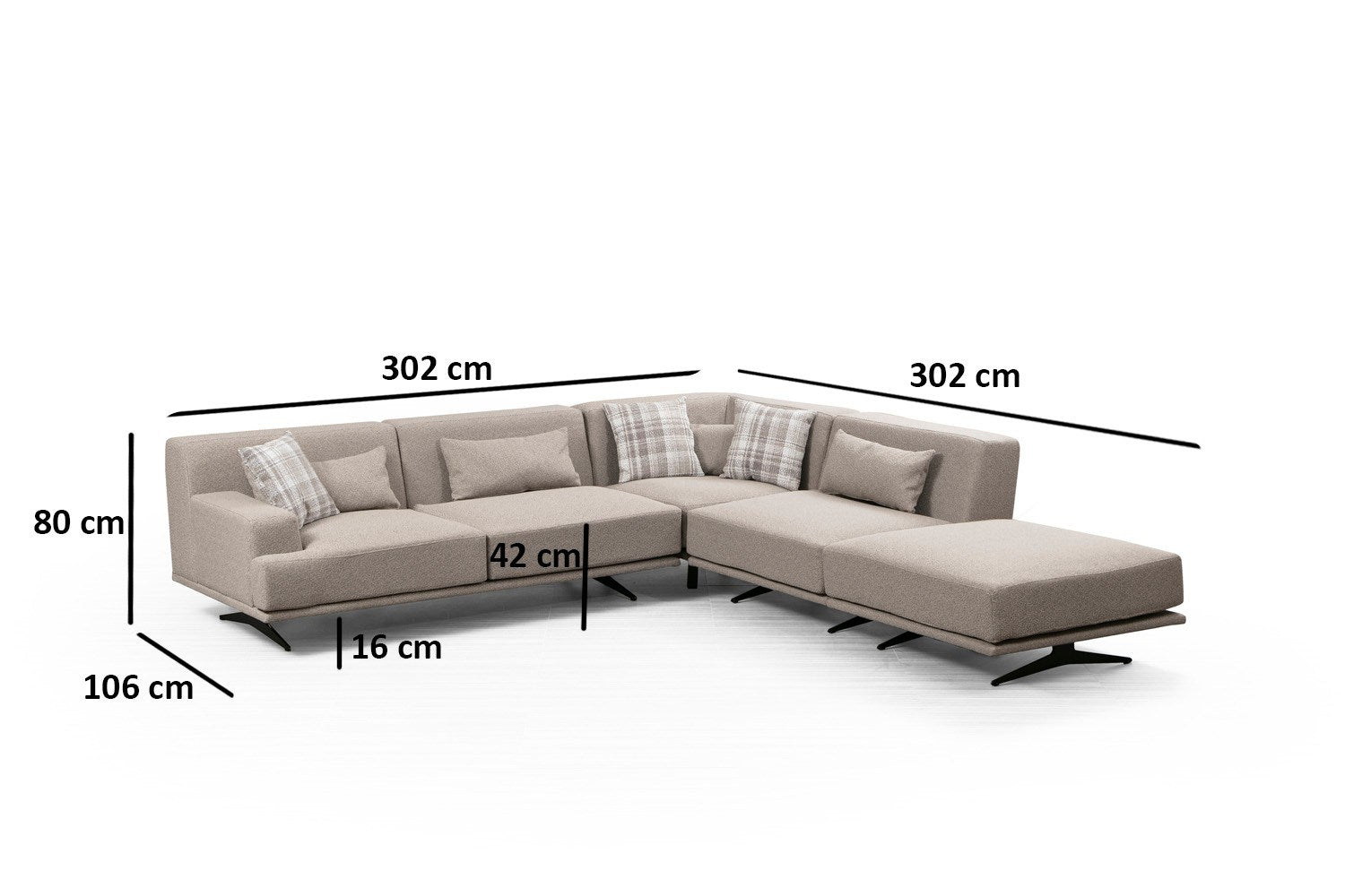 Sofá de canto elegante, bege, 302 x 80 x 302 cm | Estrutura em madeira de faia e aglomerado, 100% poliéster, espuma cinza macia e molas ensacadas | Design industrial moderno