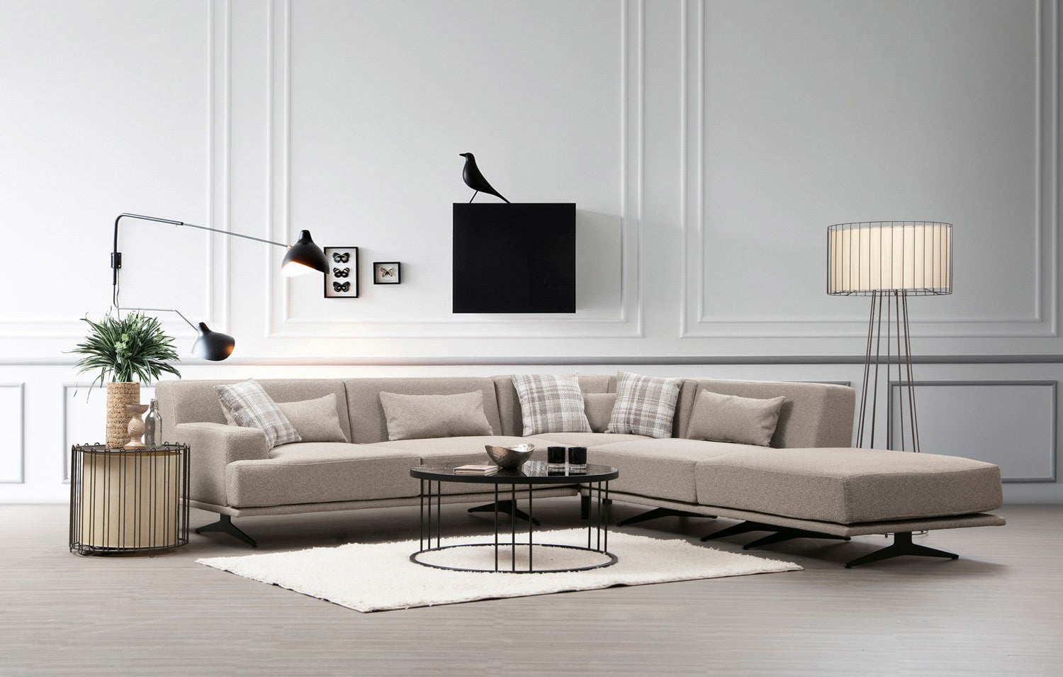 Sofá de canto elegante, bege, 302 x 80 x 302 cm | Estrutura em madeira de faia e aglomerado, 100% poliéster, espuma cinza macia e molas ensacadas | Design industrial moderno
