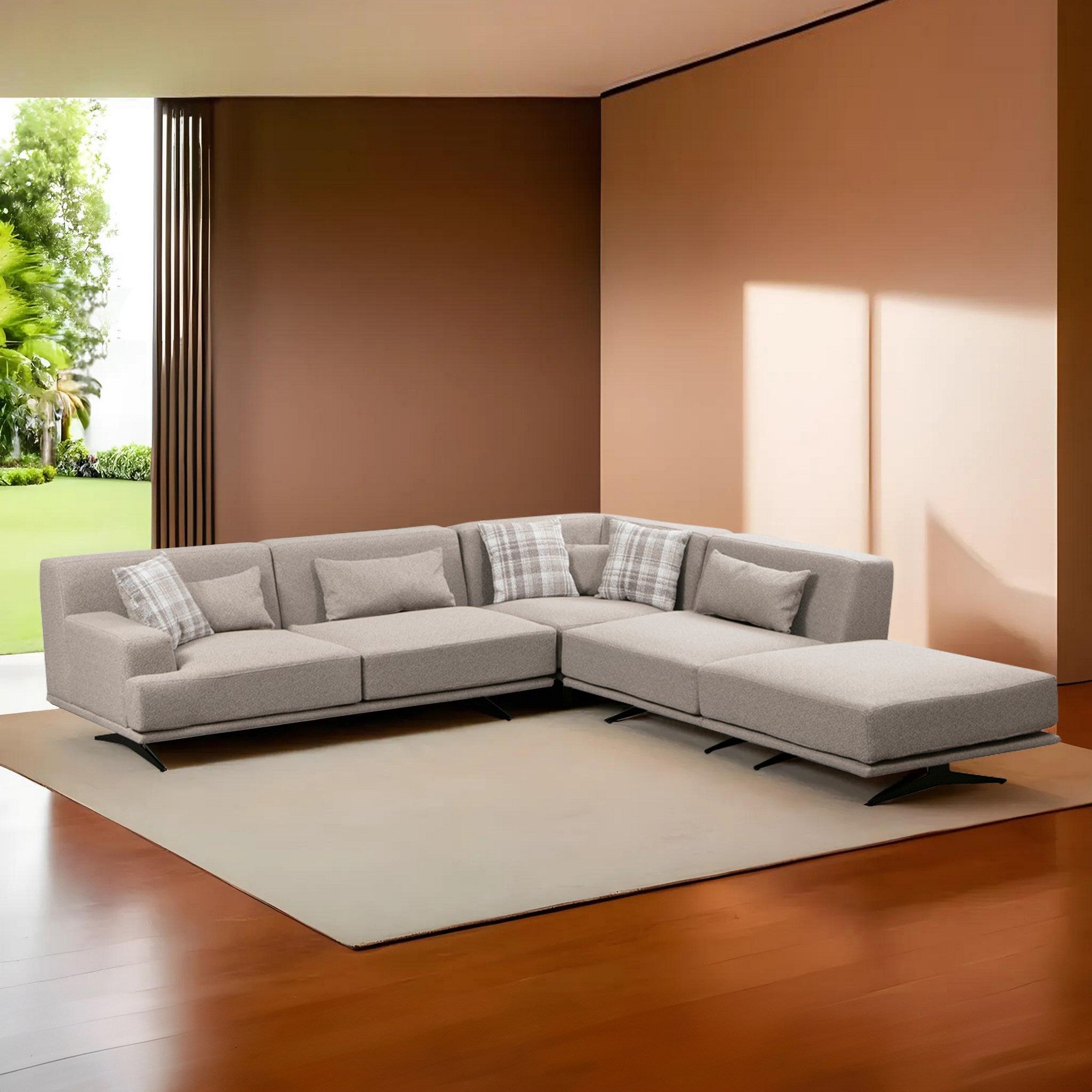 Sofá de canto elegante, bege, 302 x 80 x 302 cm | Estrutura em madeira de faia e aglomerado, 100% poliéster, espuma cinza macia e molas ensacadas | Design industrial moderno