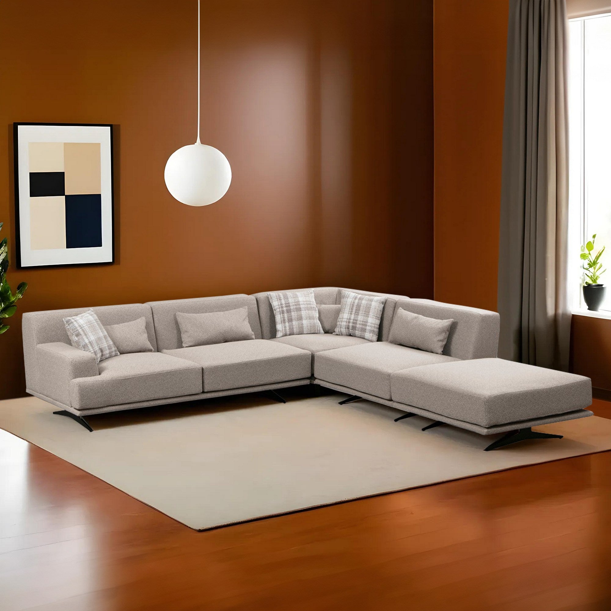 Sofá de canto elegante, bege, 302 x 80 x 302 cm | Estrutura em madeira de faia e aglomerado, 100% poliéster, espuma cinza macia e molas ensacadas | Design industrial moderno