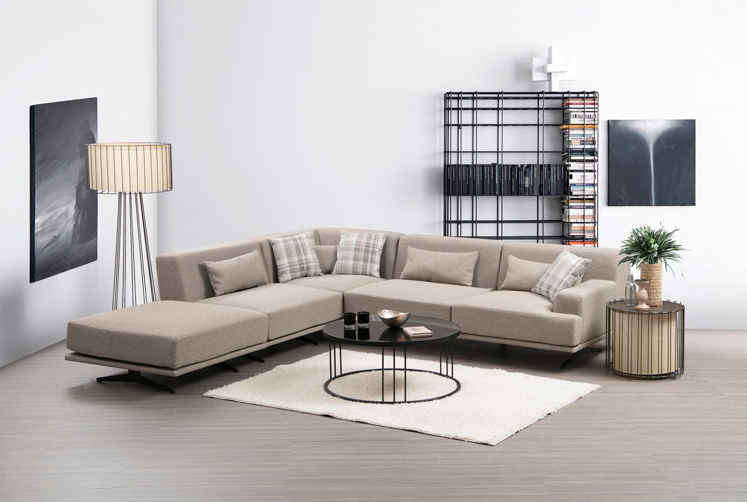 Sofá de canto elegante, bege, 302 x 80 x 302 cm | Estrutura em madeira de faia e aglomerado, 100% poliéster, espuma cinza macia e molas ensacadas | Design industrial moderno