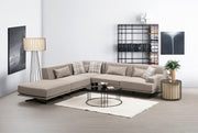 Sofá de canto elegante, bege, 302 x 80 x 302 cm | Estrutura em madeira de faia e aglomerado, 100% poliéster, espuma cinza macia e molas ensacadas | Design industrial moderno