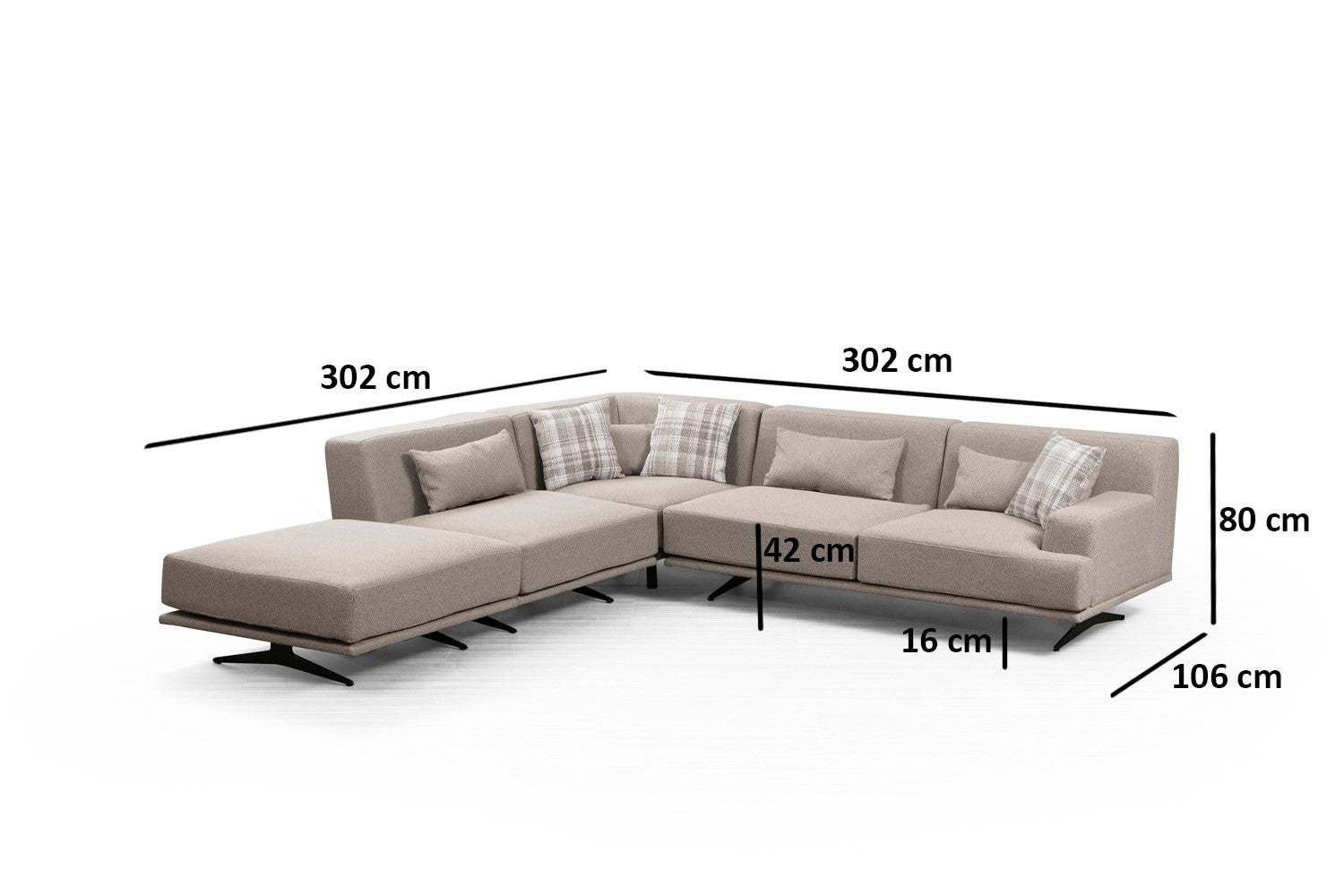 Sofá de canto elegante, bege, 302 x 80 x 302 cm | Estrutura em madeira de faia e aglomerado, 100% poliéster, espuma cinza macia e molas ensacadas | Design industrial moderno