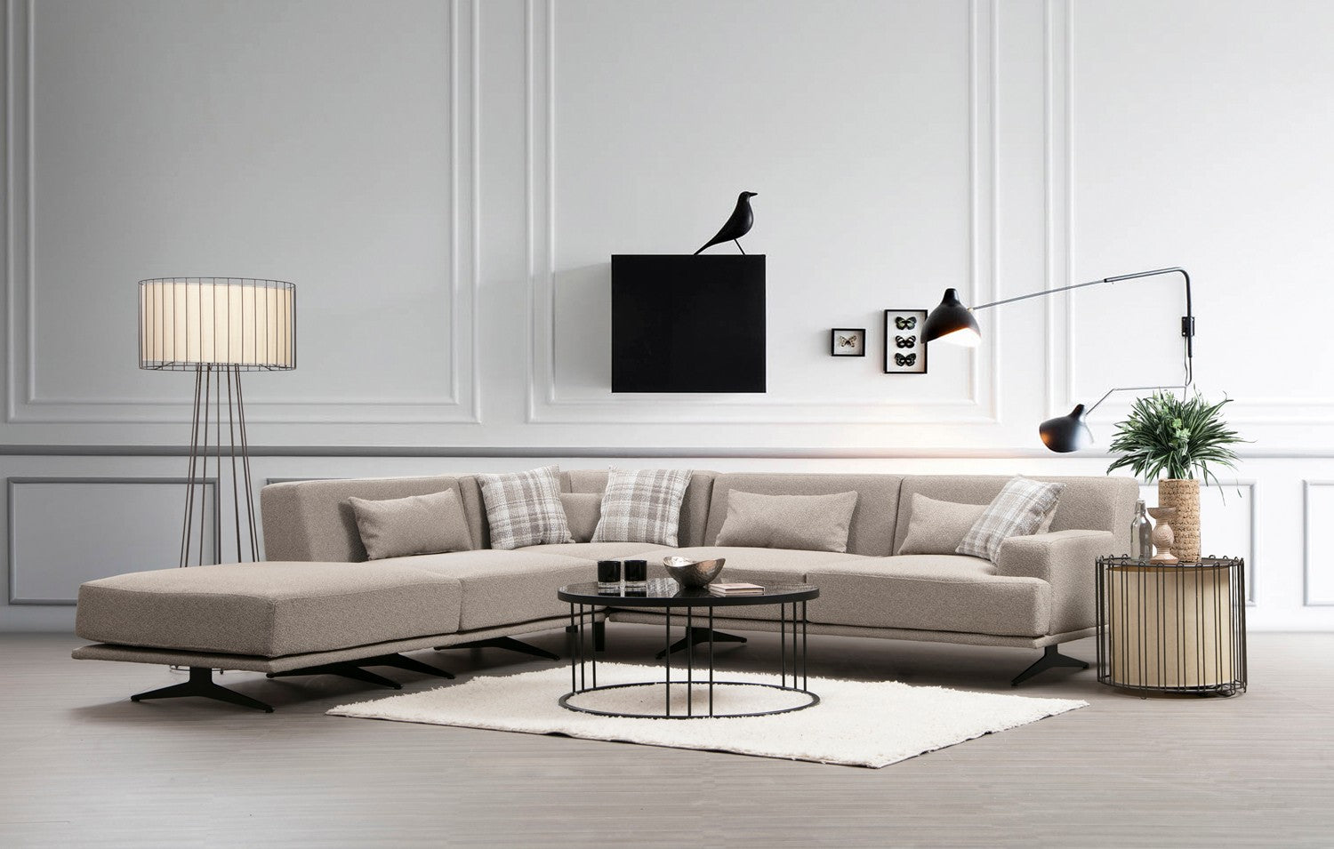 Sofá de canto elegante, bege, 302 x 80 x 302 cm | Estrutura em madeira de faia e aglomerado, 100% poliéster, espuma cinza macia e molas ensacadas | Design industrial moderno
