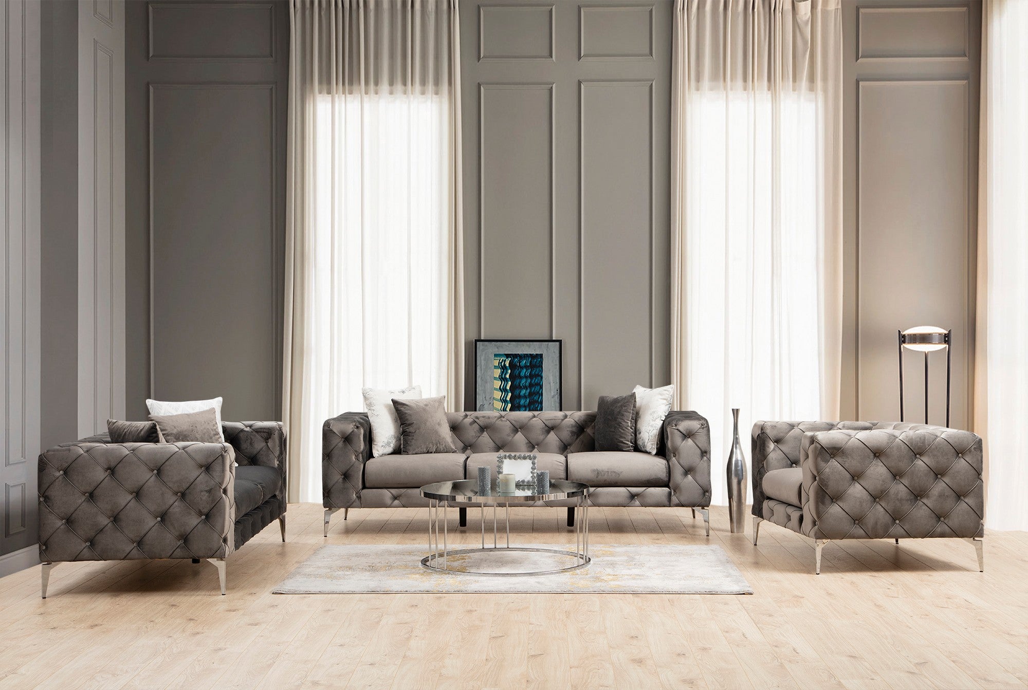 Sofá moderno de 2 lugares, antracite, 197 x 90 x 70 cm | Estrutura em madeira de faia e aglomerado, pernas cromadas | 100% poliéster, inclui 2 almofadas, elegante e confortável