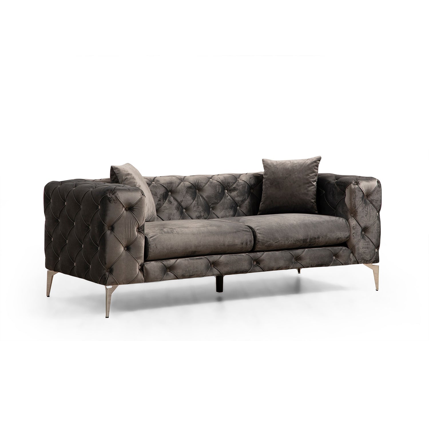 Sofá moderno de 2 lugares, antracite, 197 x 90 x 70 cm | Estrutura em madeira de faia e aglomerado, pernas cromadas | 100% poliéster, inclui 2 almofadas, elegante e confortável