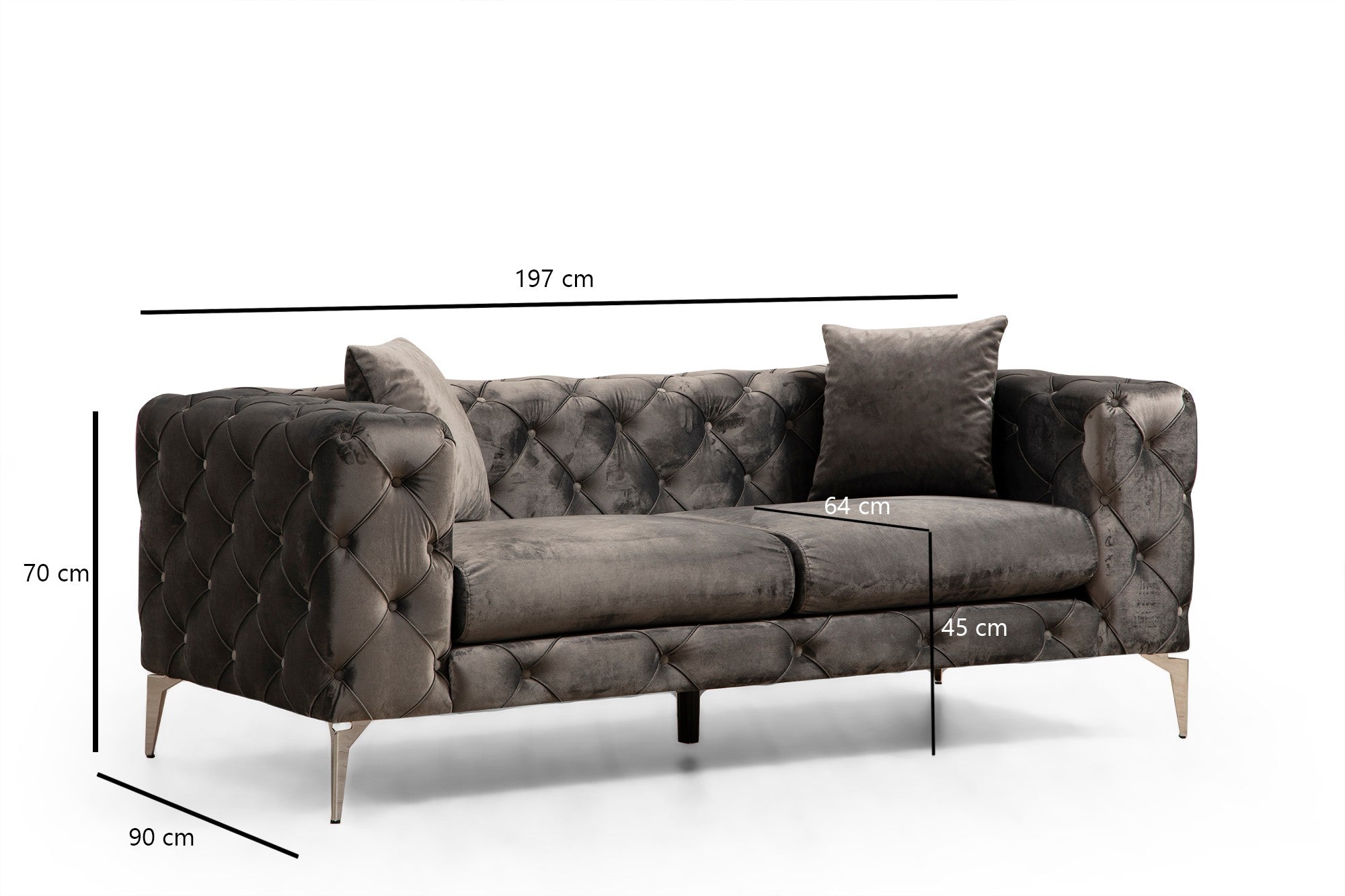Sofá moderno de 2 lugares, antracite, 197 x 90 x 70 cm | Estrutura em madeira de faia e aglomerado, pernas cromadas | 100% poliéster, inclui 2 almofadas, elegante e confortável